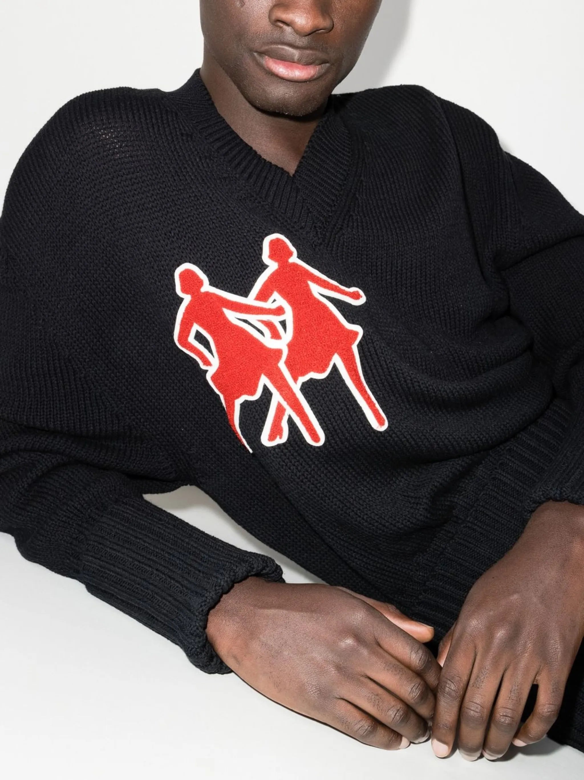 flocked-motif V-neck jumper