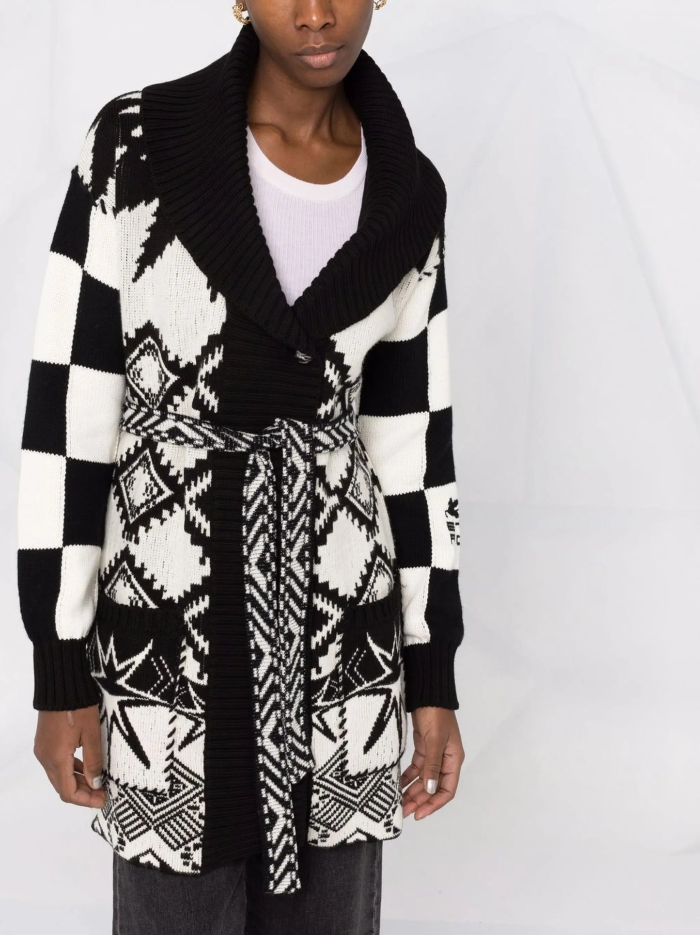 intarsia-knit belted cardi-coat