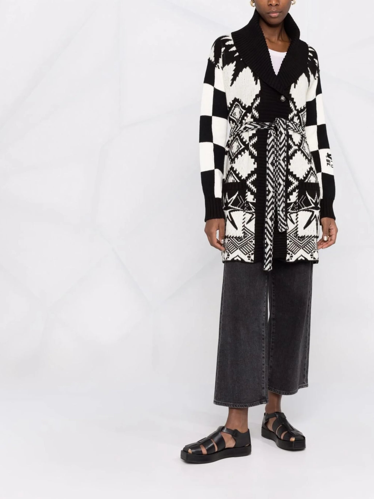 intarsia-knit belted cardi-coat