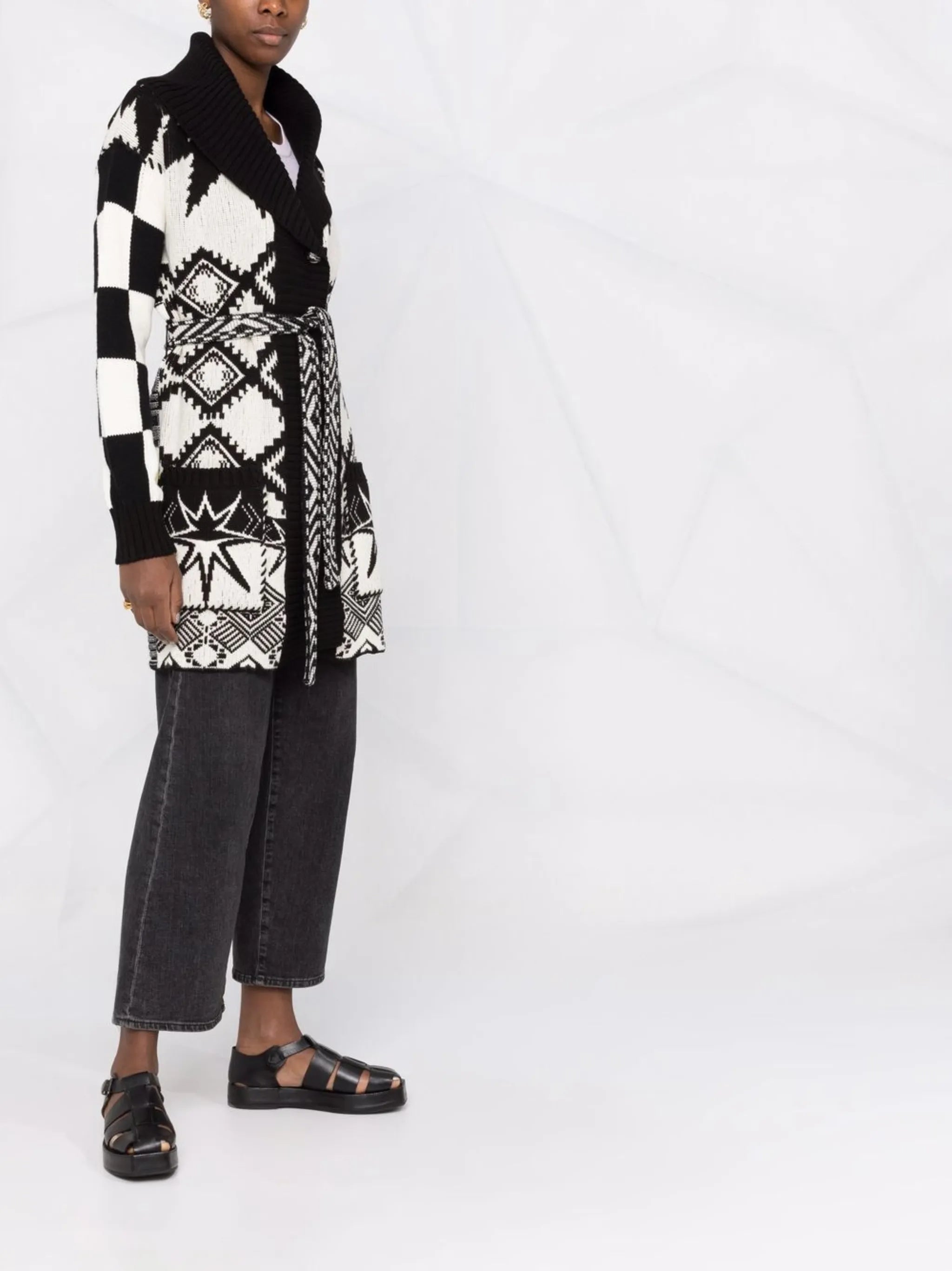 intarsia-knit belted cardi-coat