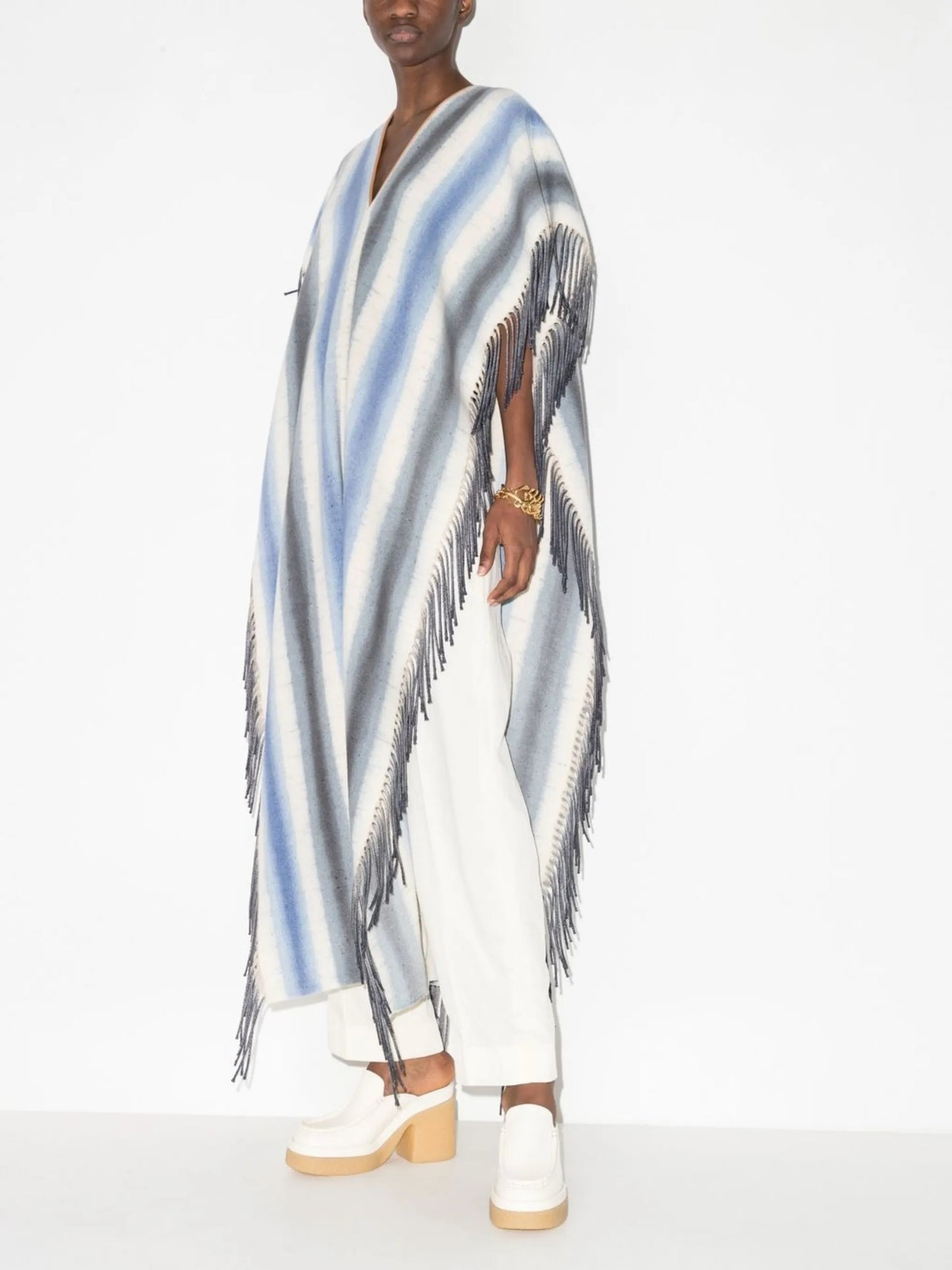 striped V-neck fringed cape