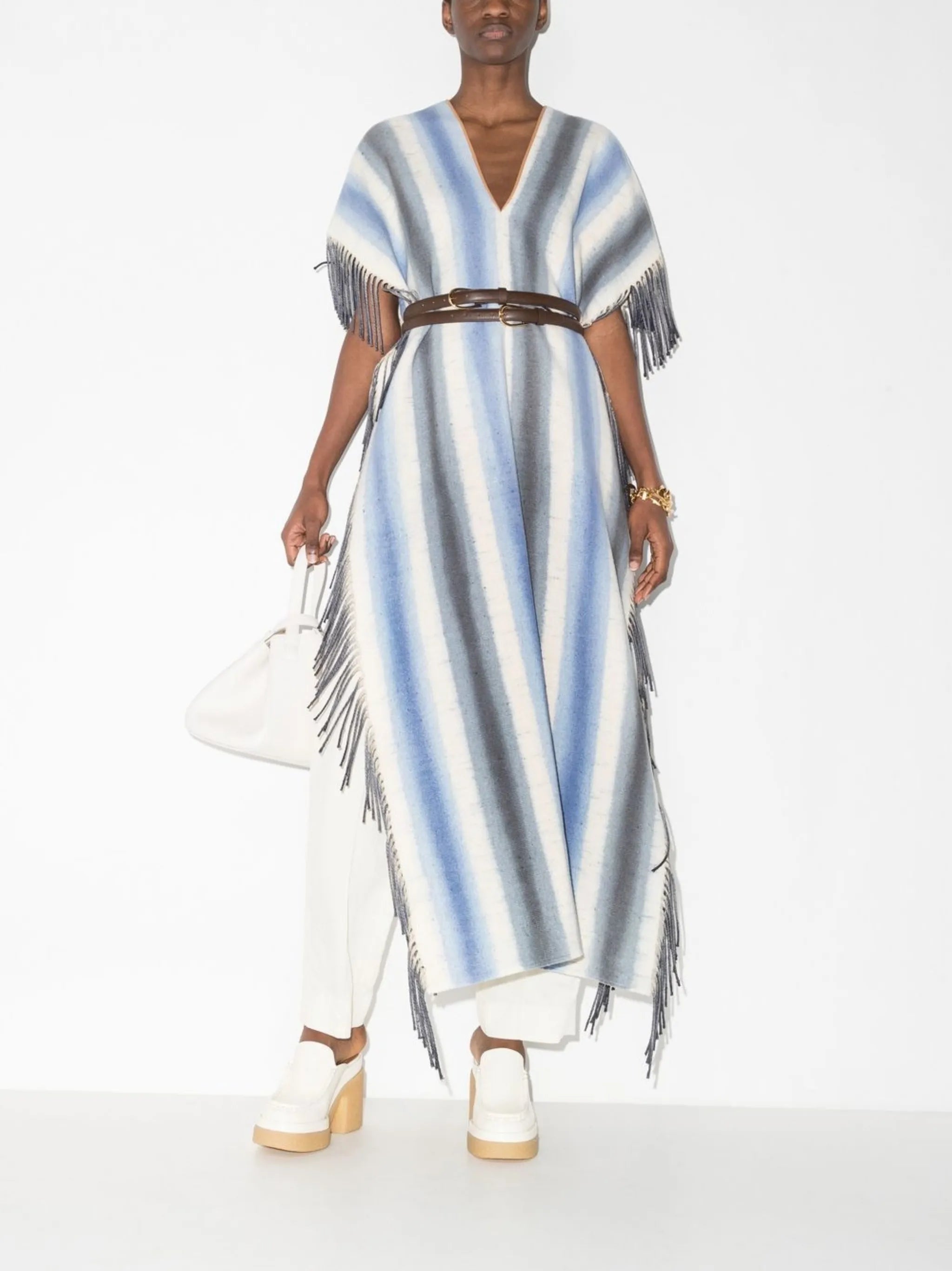 striped V-neck fringed cape