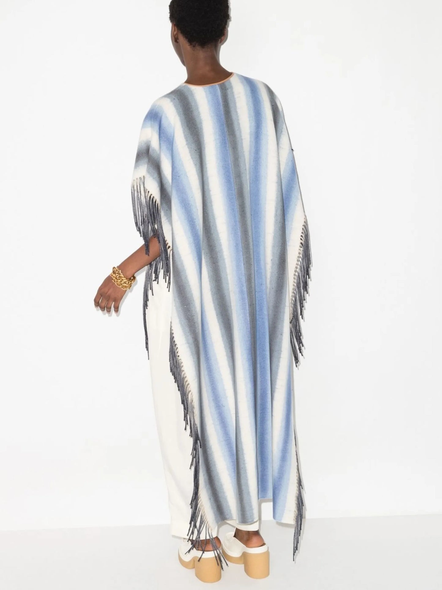 striped V-neck fringed cape