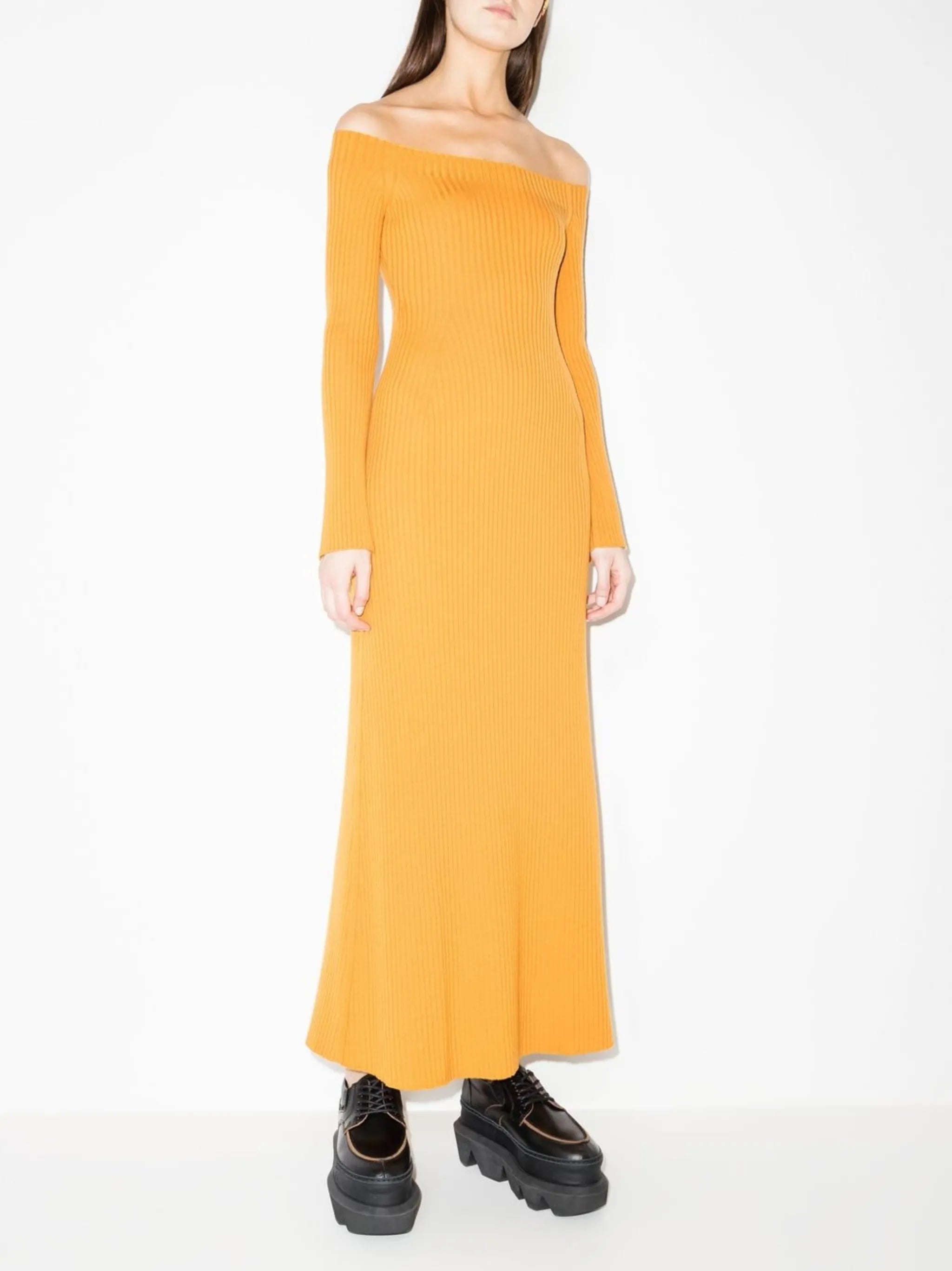 off-shoulder ribbed maxi dress