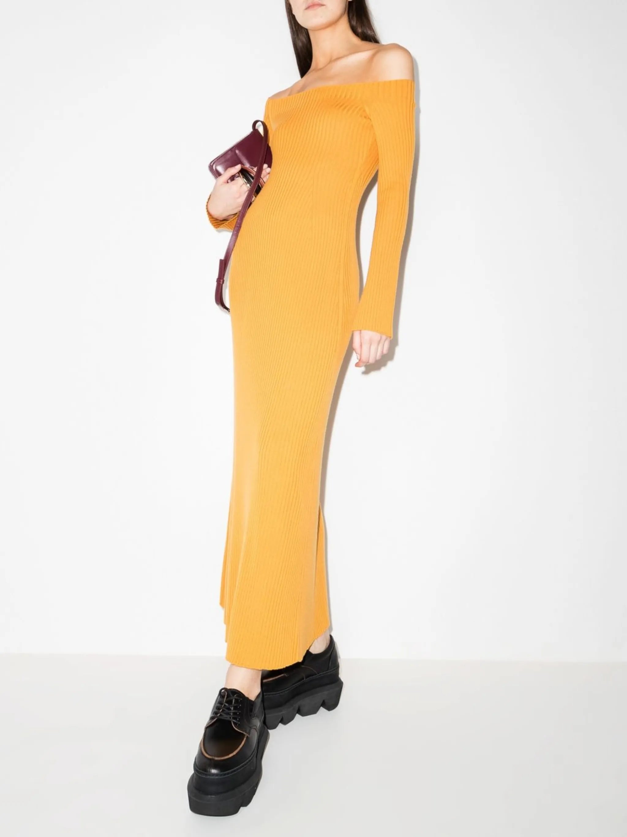 off-shoulder ribbed maxi dress