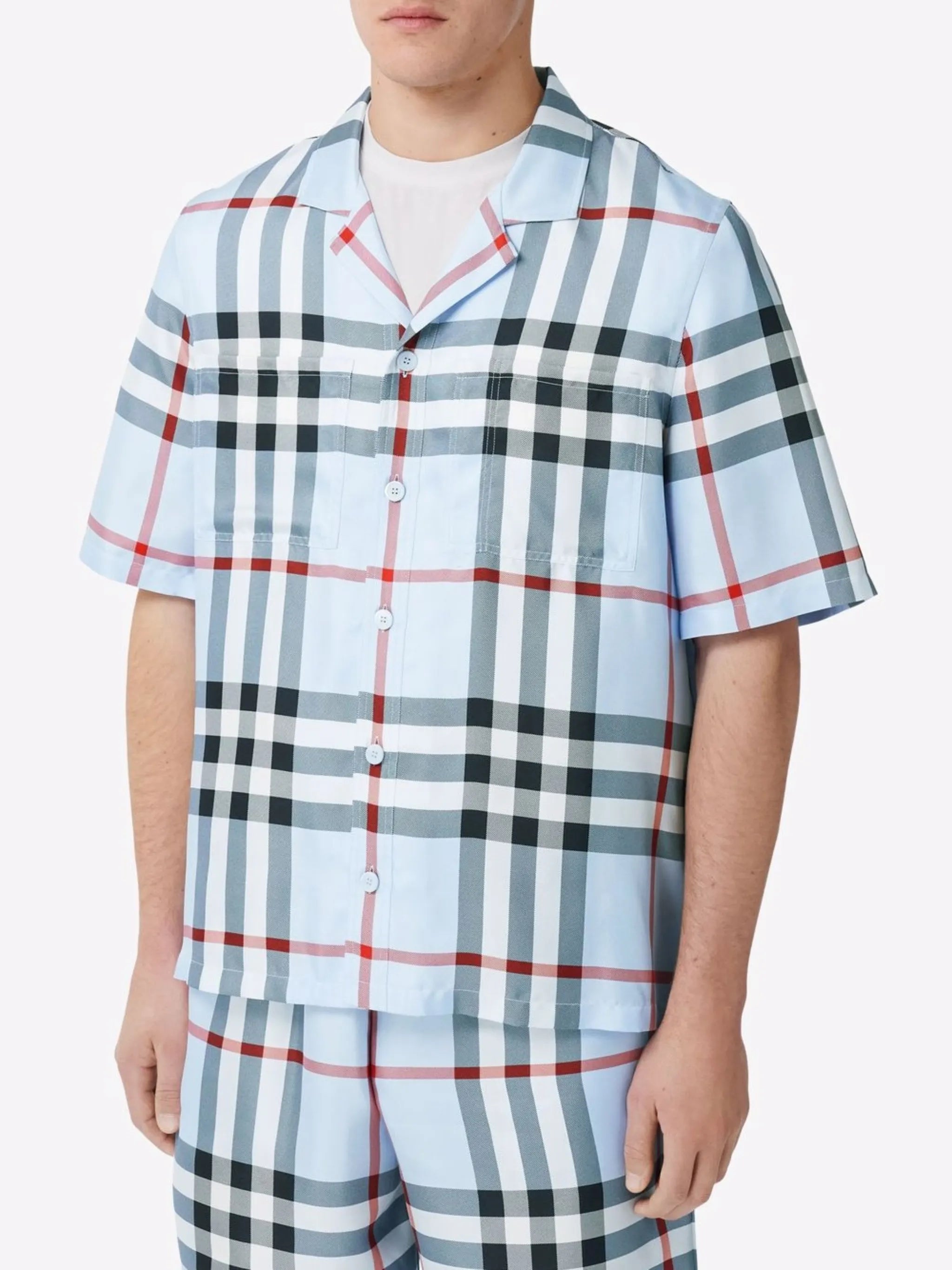 short-sleeve check silk shirt