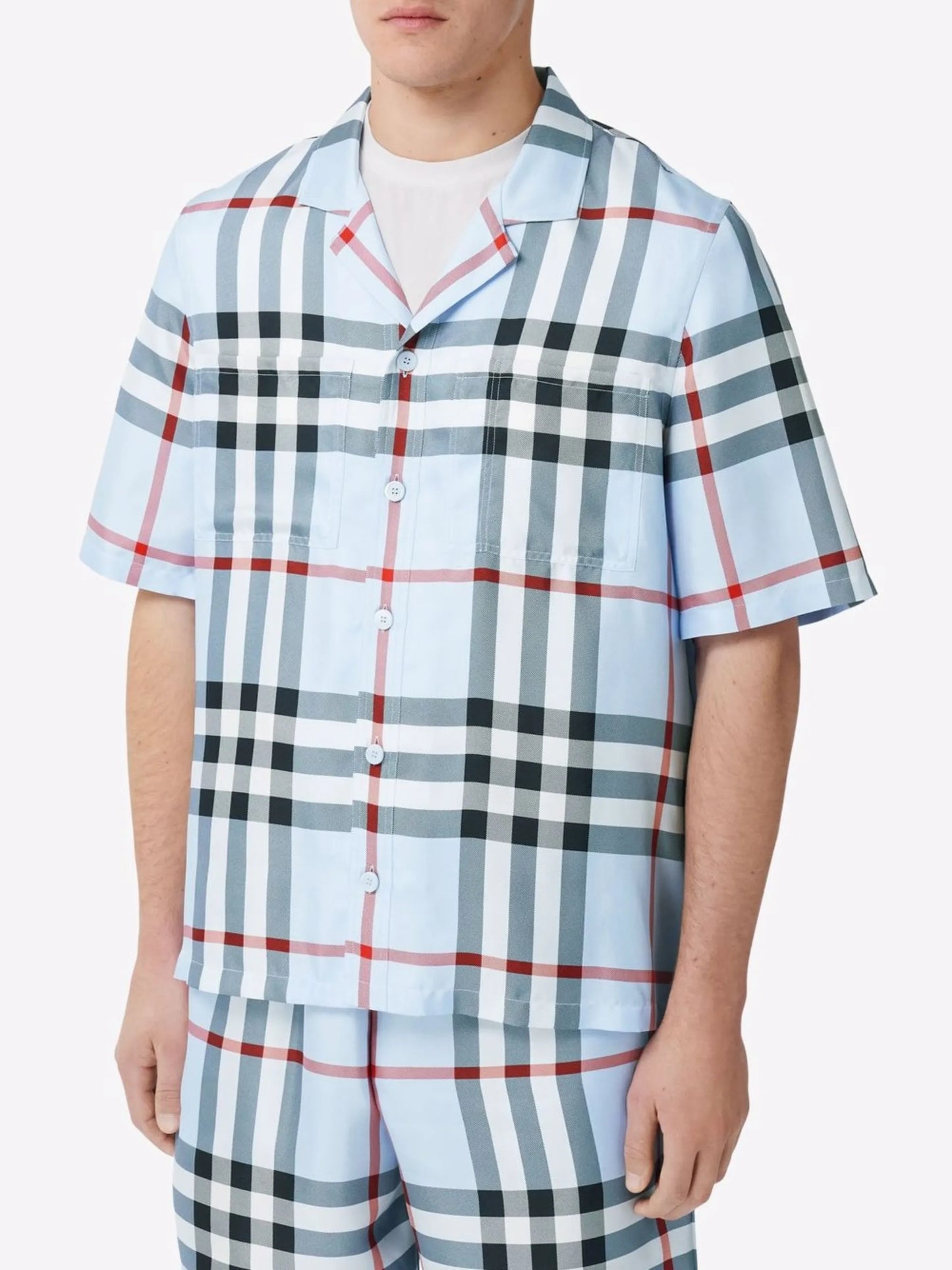 short-sleeve check silk shirt