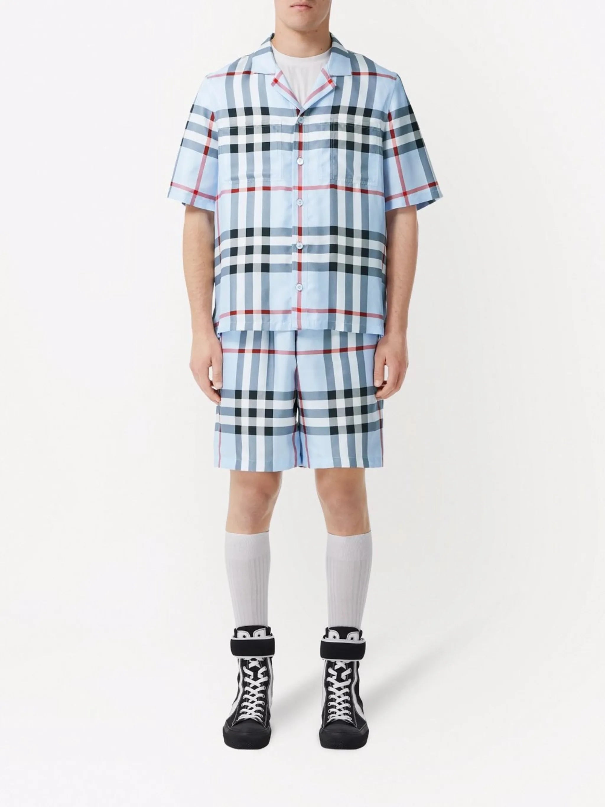 short-sleeve check silk shirt
