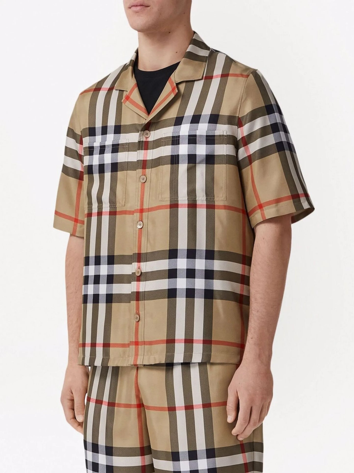 short-sleeve check silk shirt