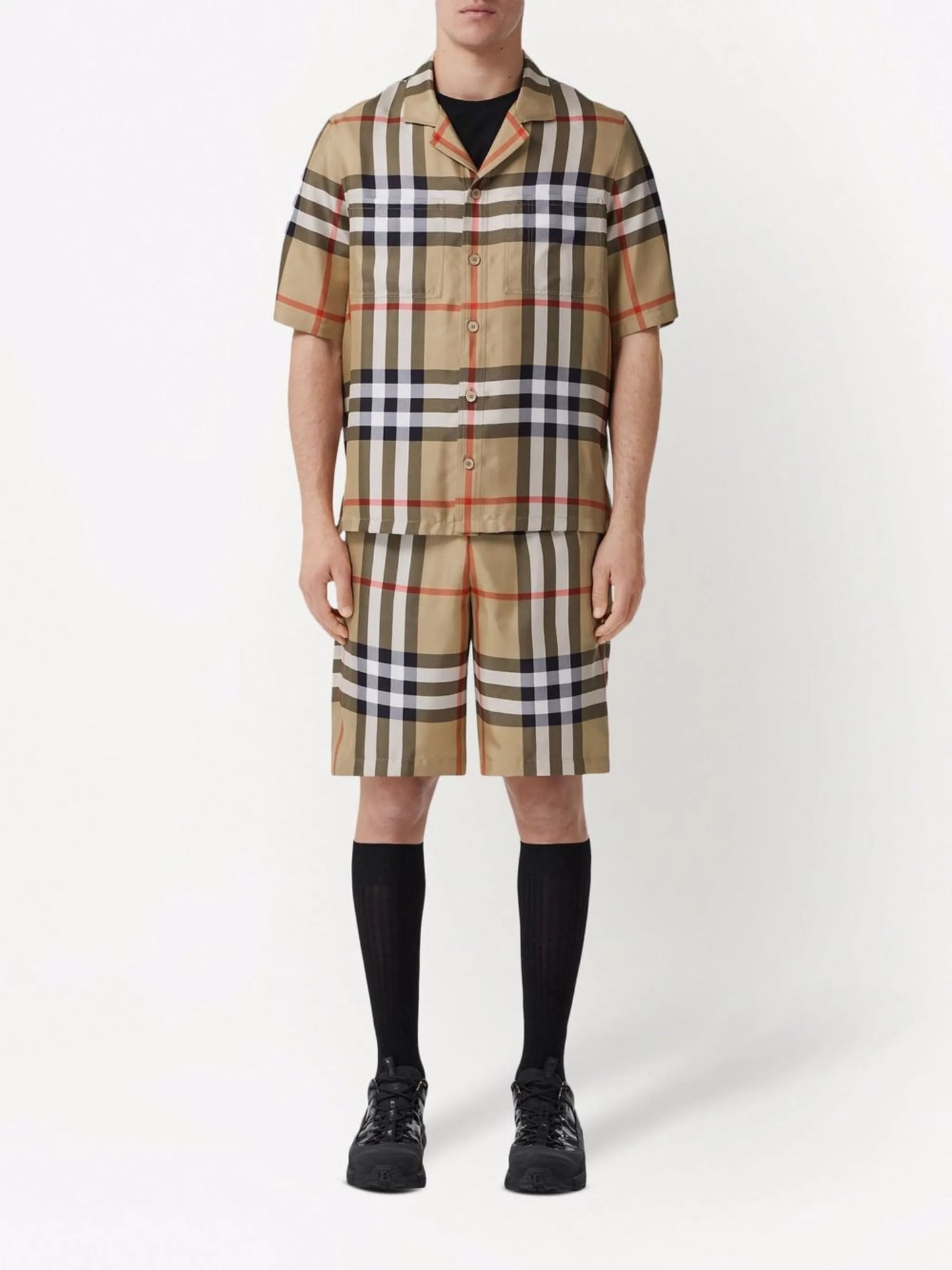 short-sleeve check silk shirt