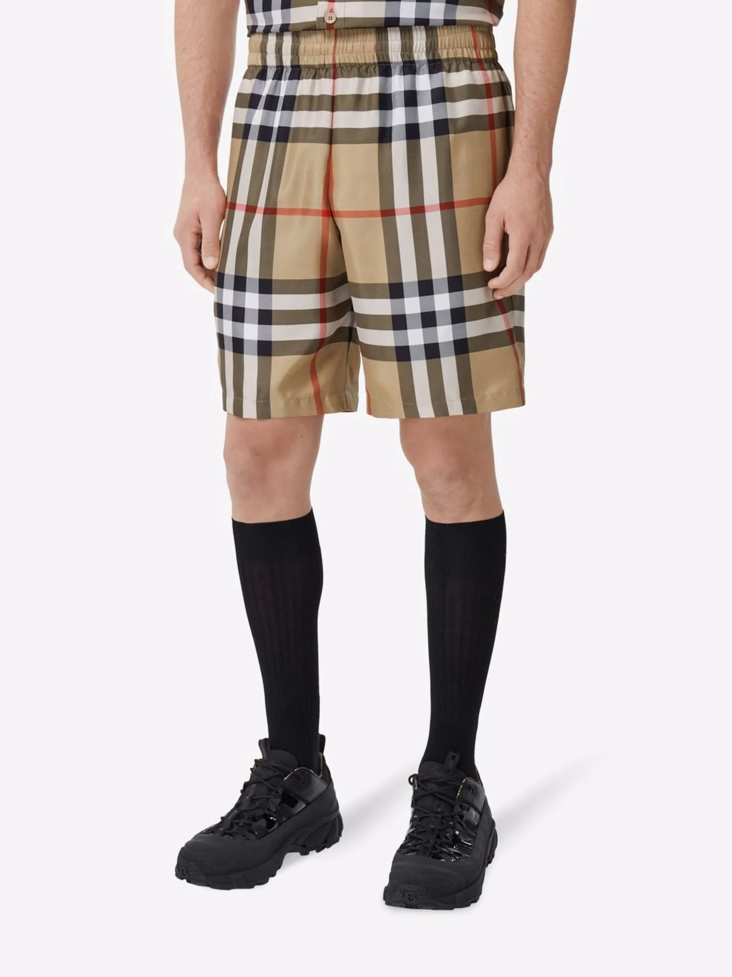 check-print silk shorts