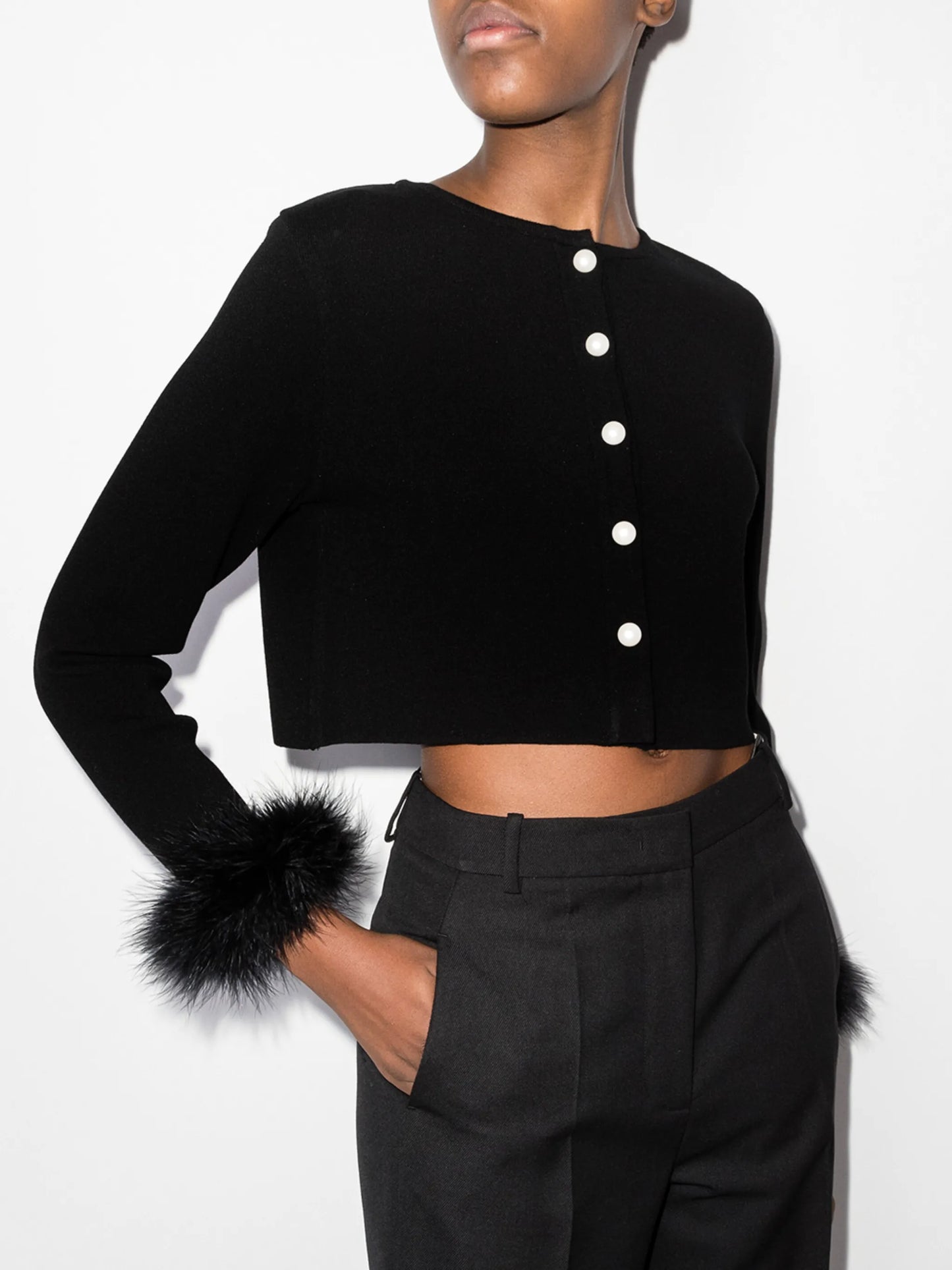 feather-cuff knitted cardigan