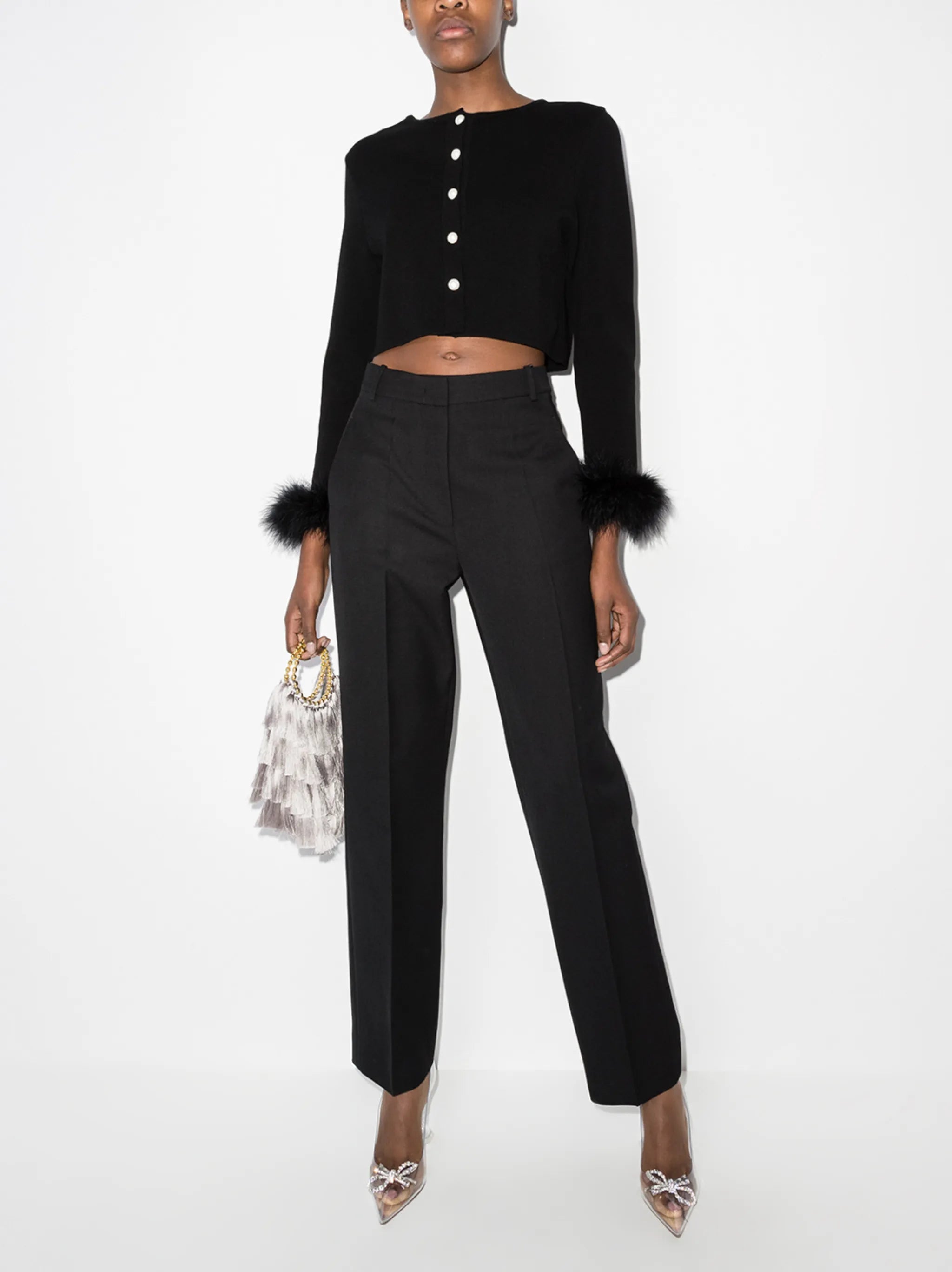 feather-cuff knitted cardigan