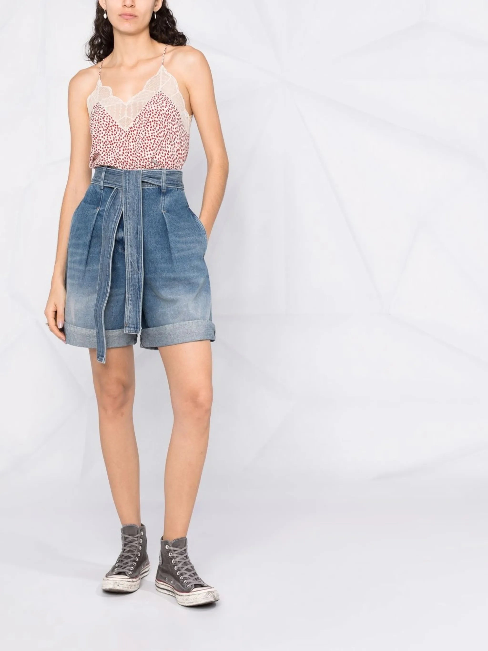 bleach-effect belted tailored shorts