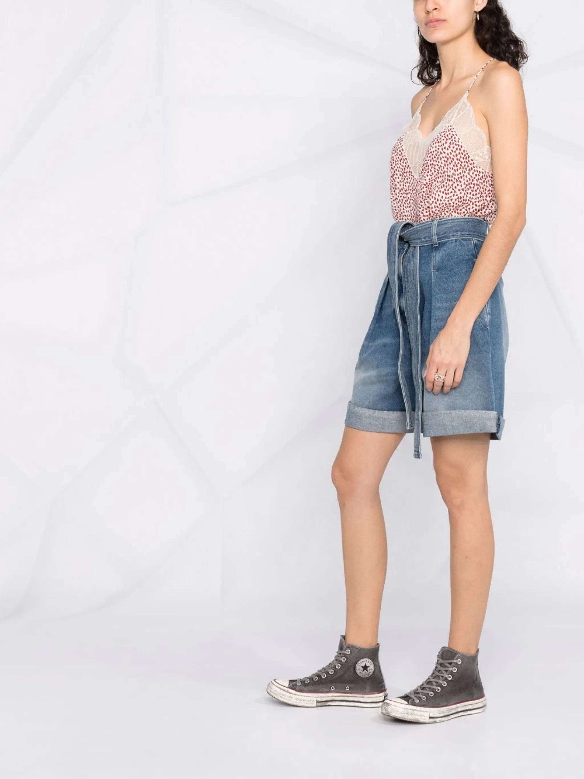 bleach-effect belted tailored shorts