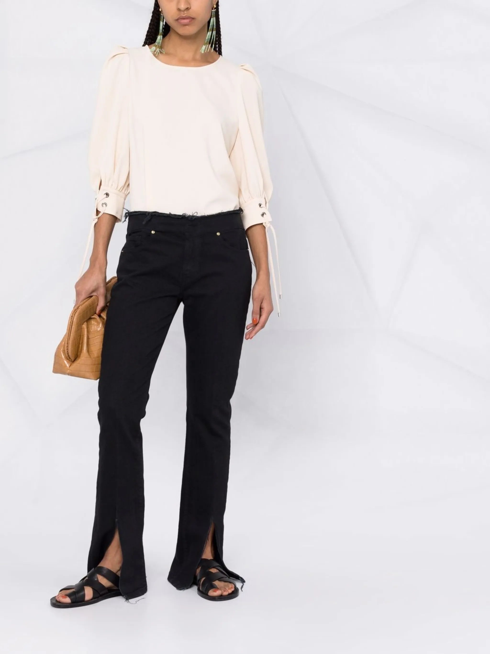 puff-sleeve round-neck blouse