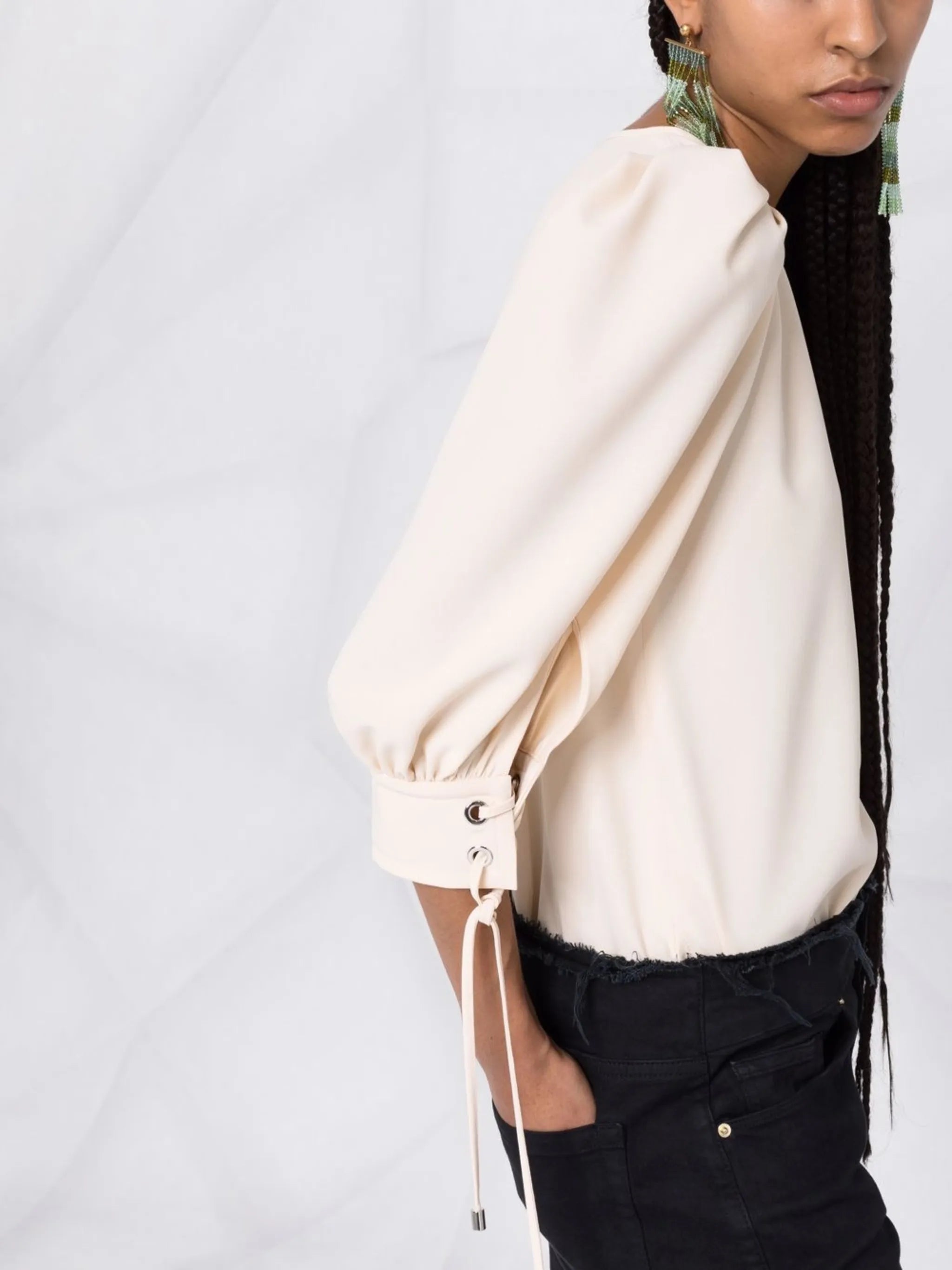 puff-sleeve round-neck blouse