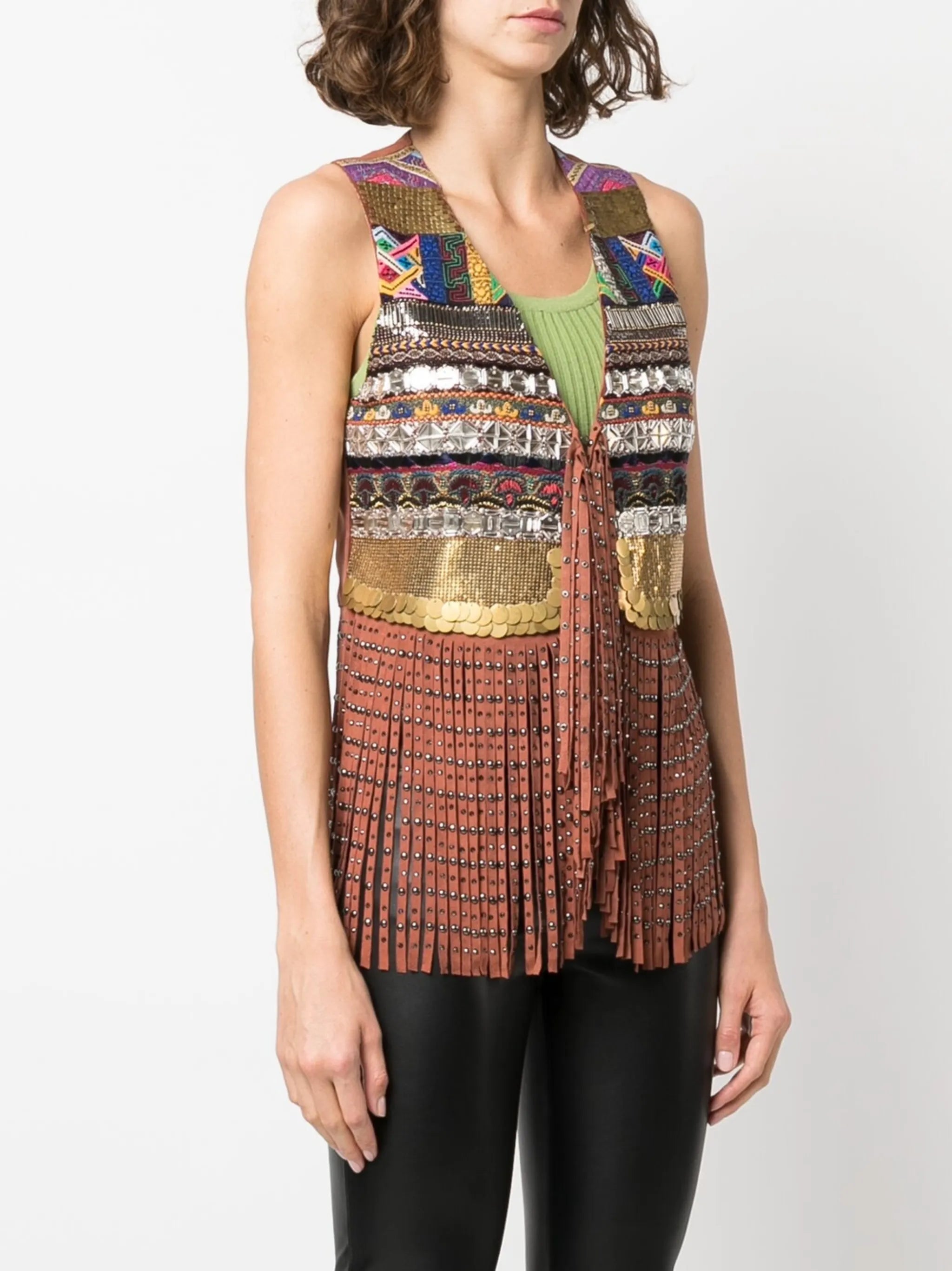 fringed patterned gilet