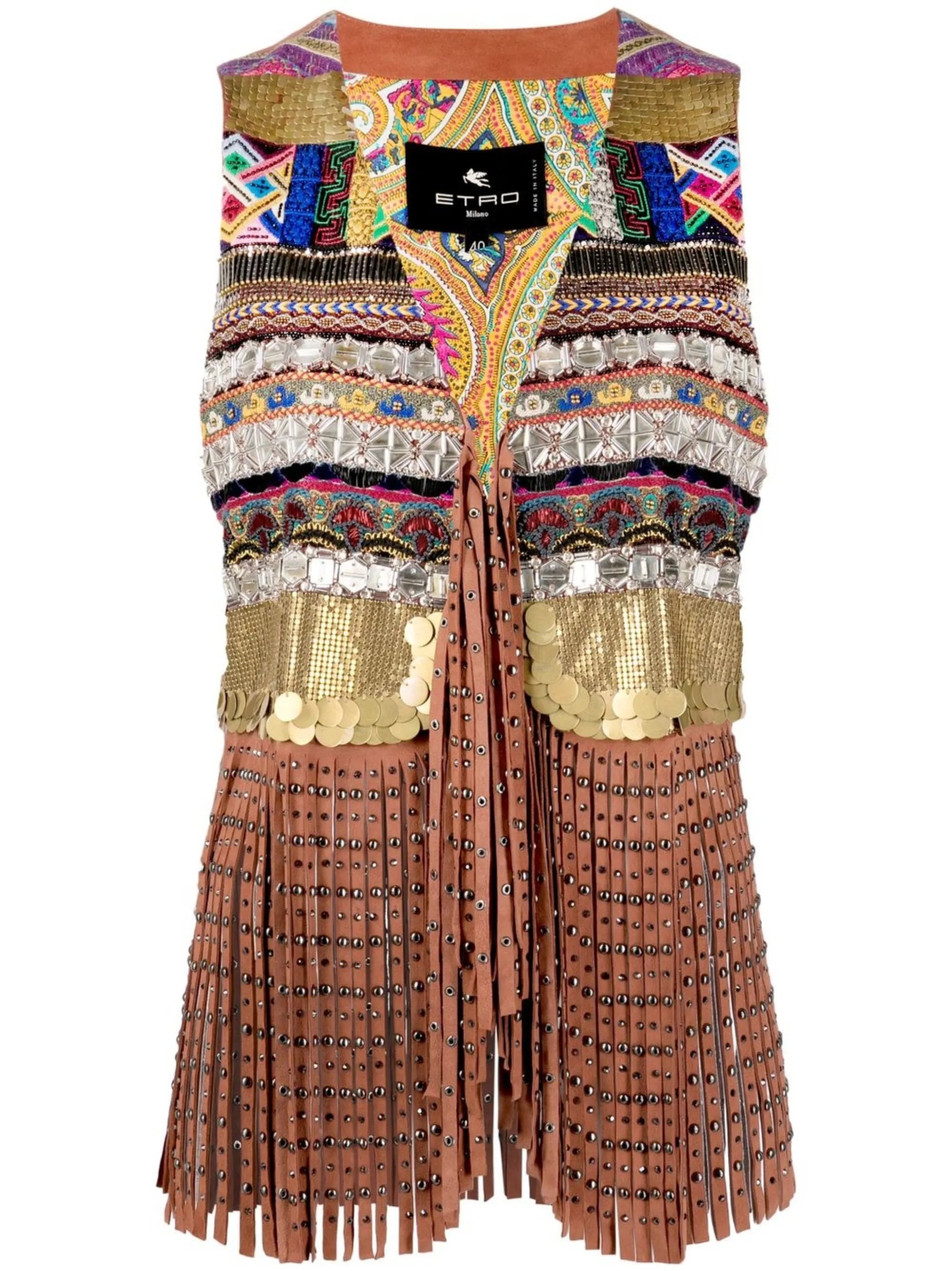 fringed patterned gilet
