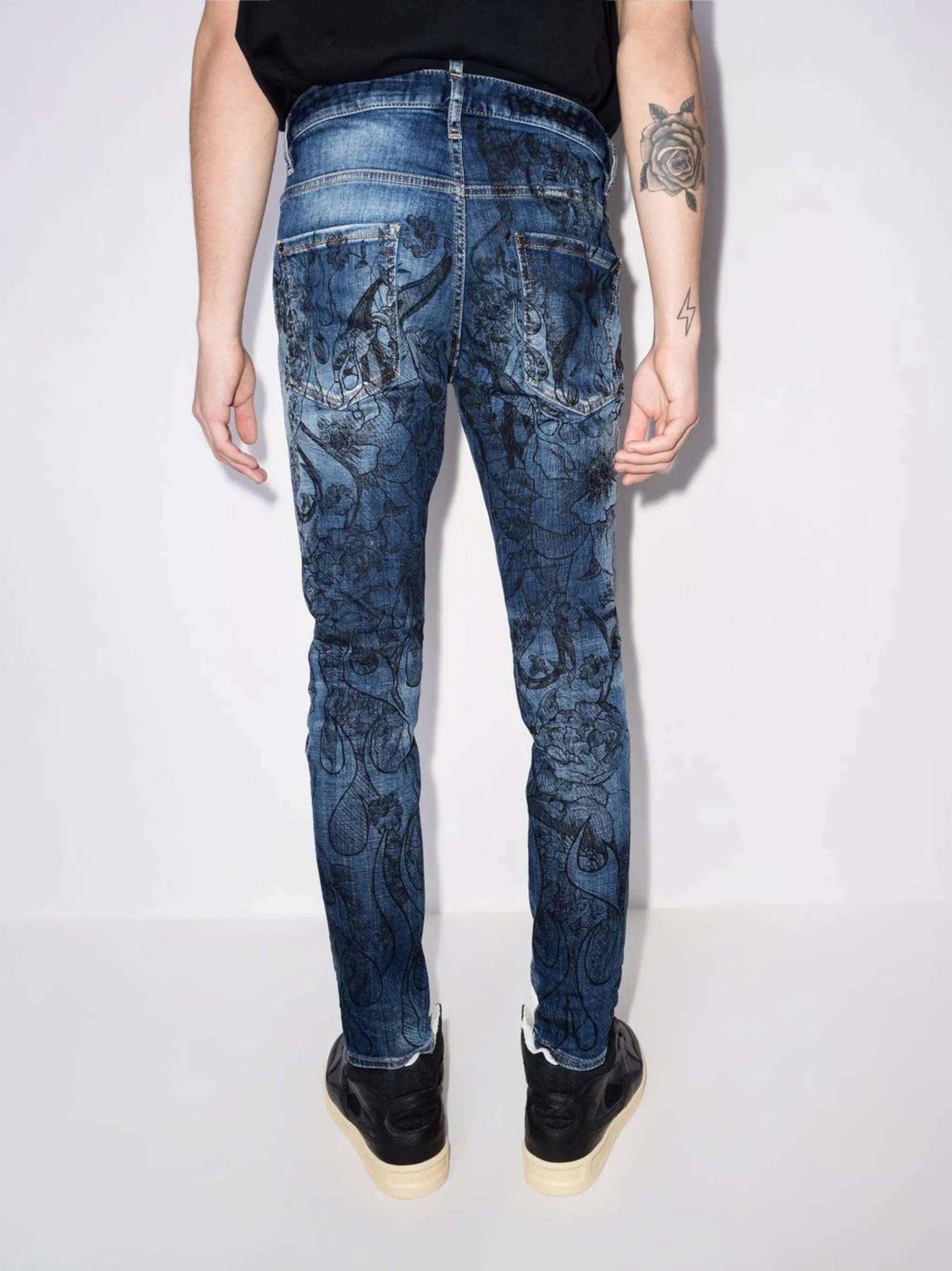 floral-print bleached-effect skinny jeans