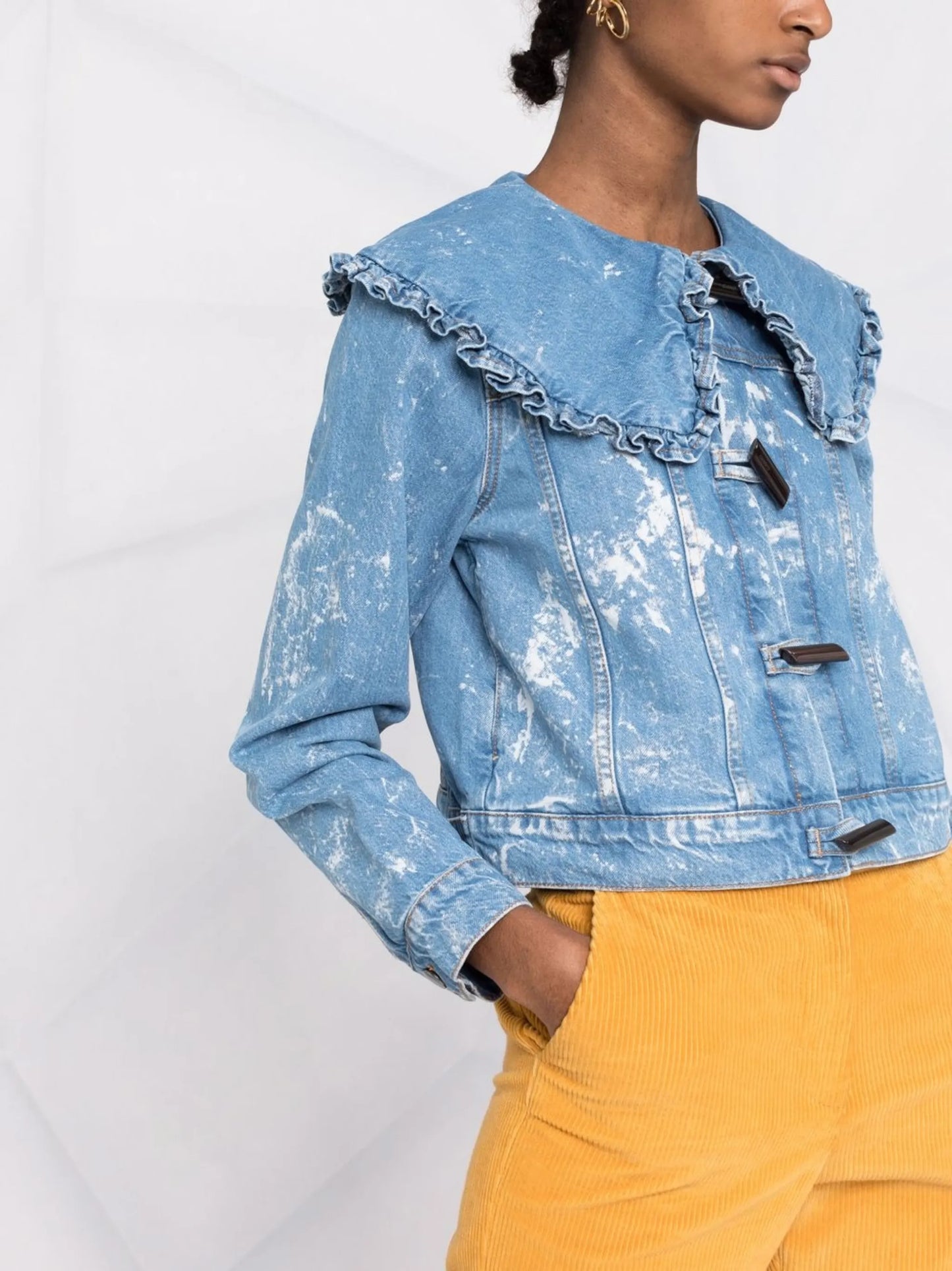 bleach denim ruffle-collar jacket