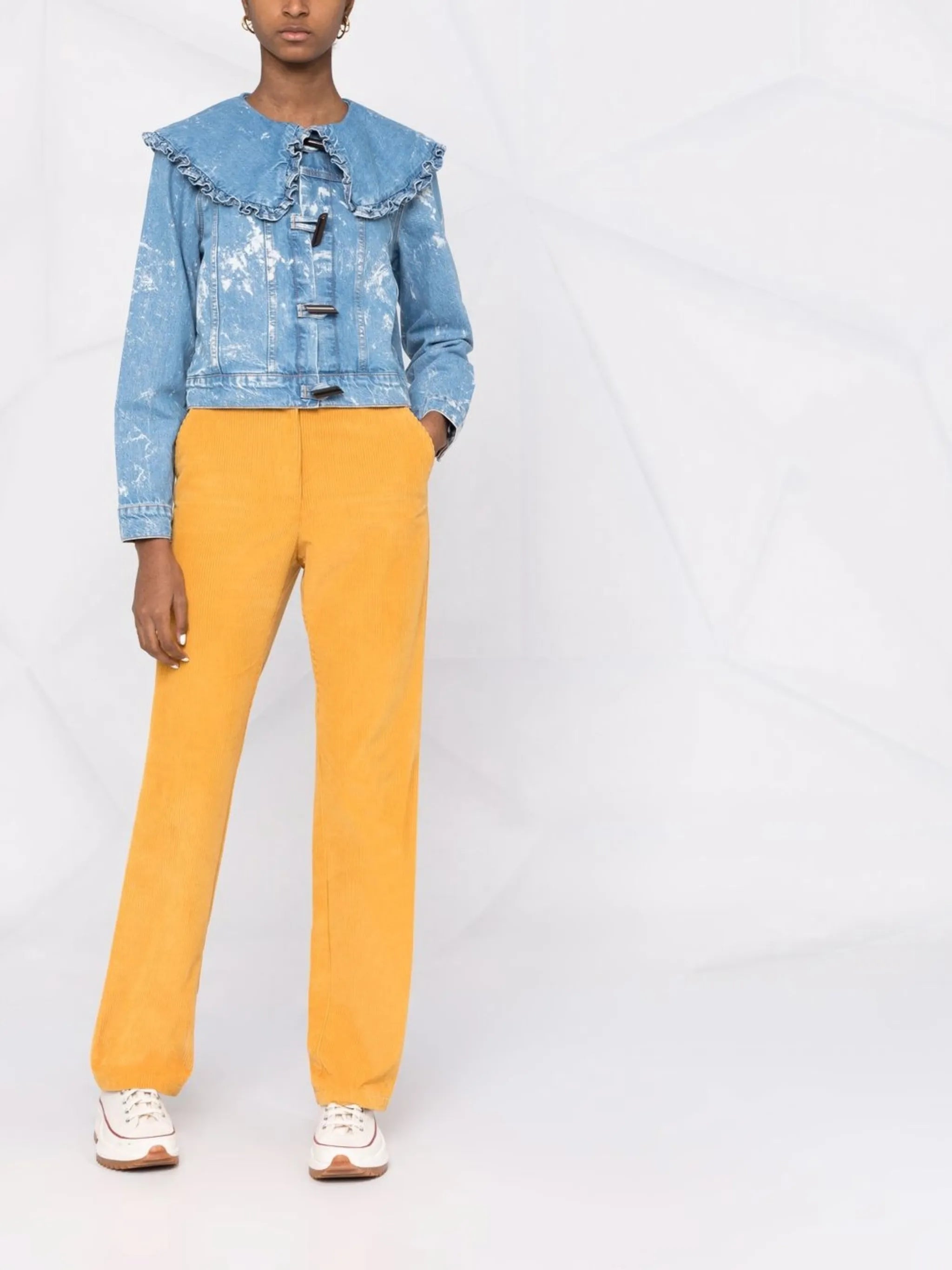 bleach denim ruffle-collar jacket