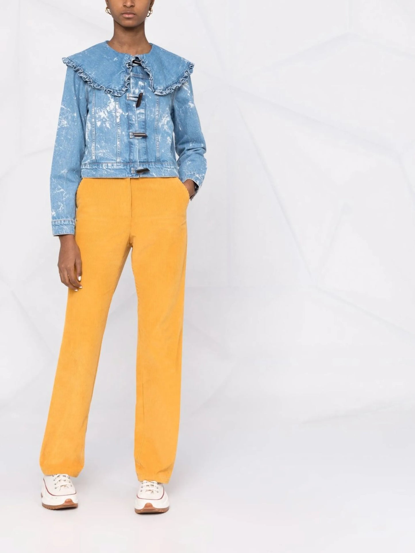 bleach denim ruffle-collar jacket
