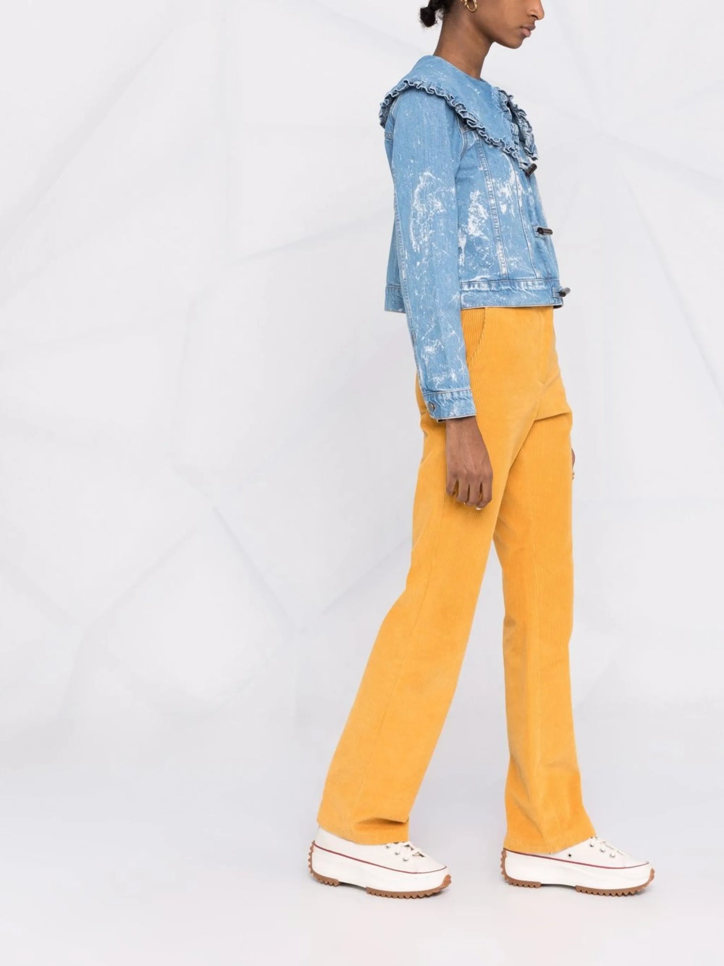 bleach denim ruffle-collar jacket