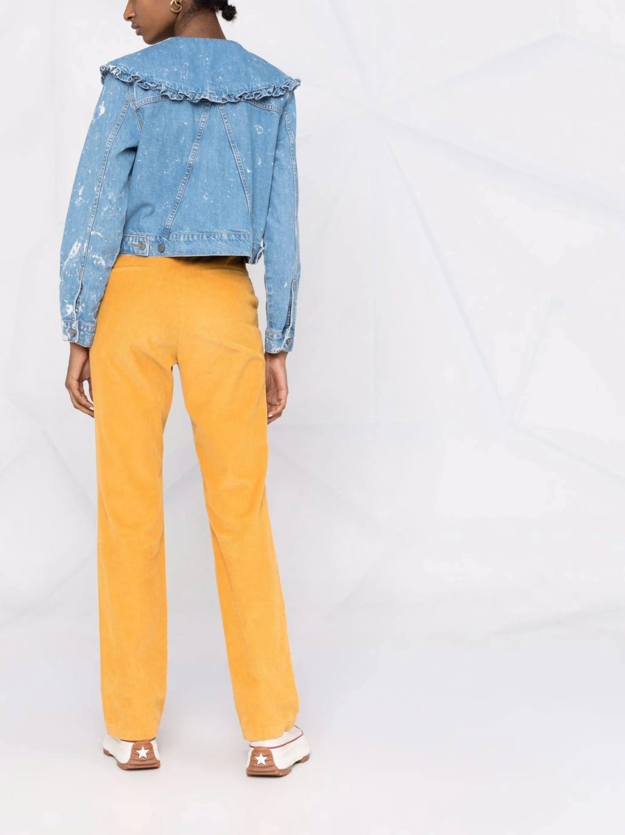 bleach denim ruffle-collar jacket