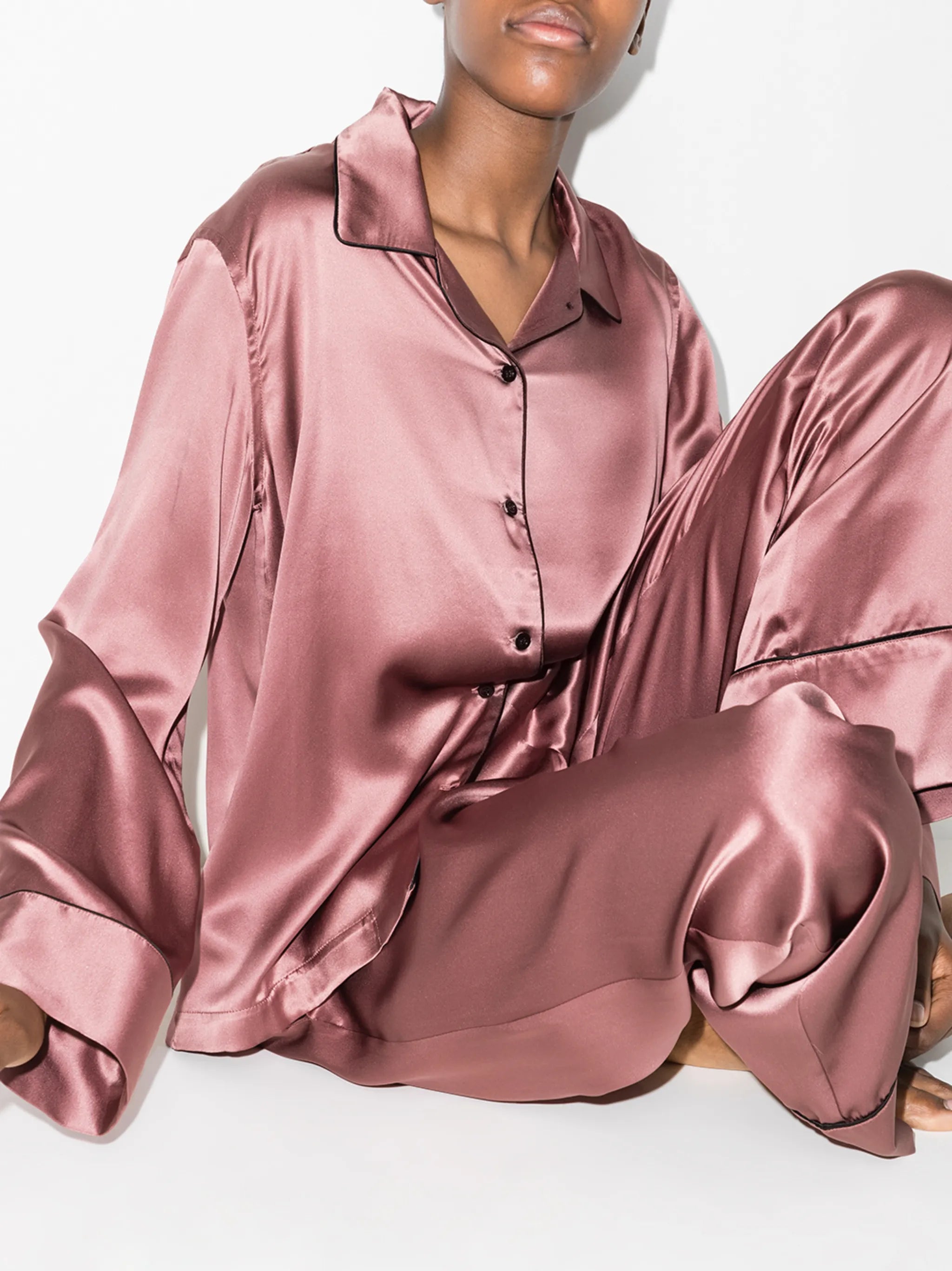 piped-trim silk pajama shirt