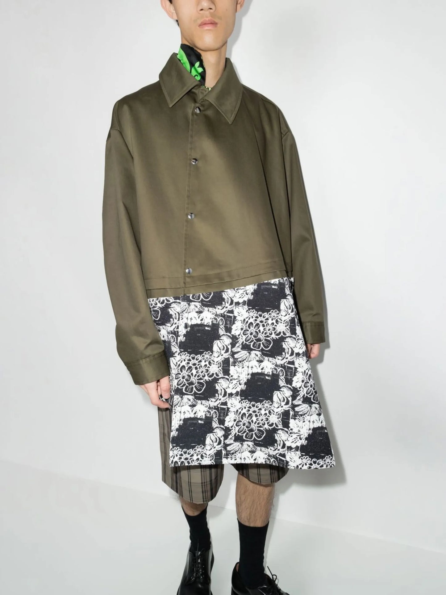 printed panelled asymmetric coat