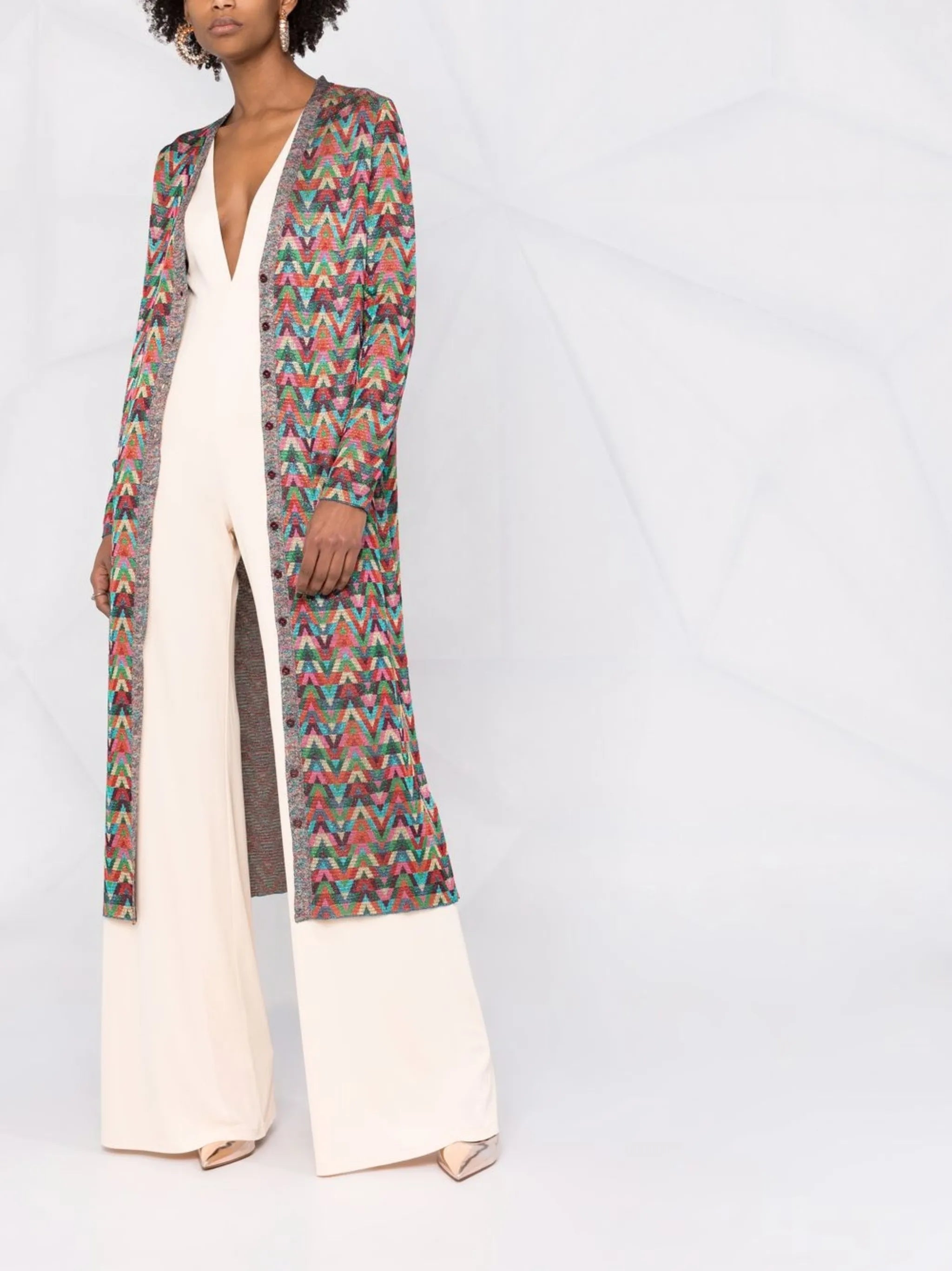 jacquard Optical-pattern lurex long cardigan