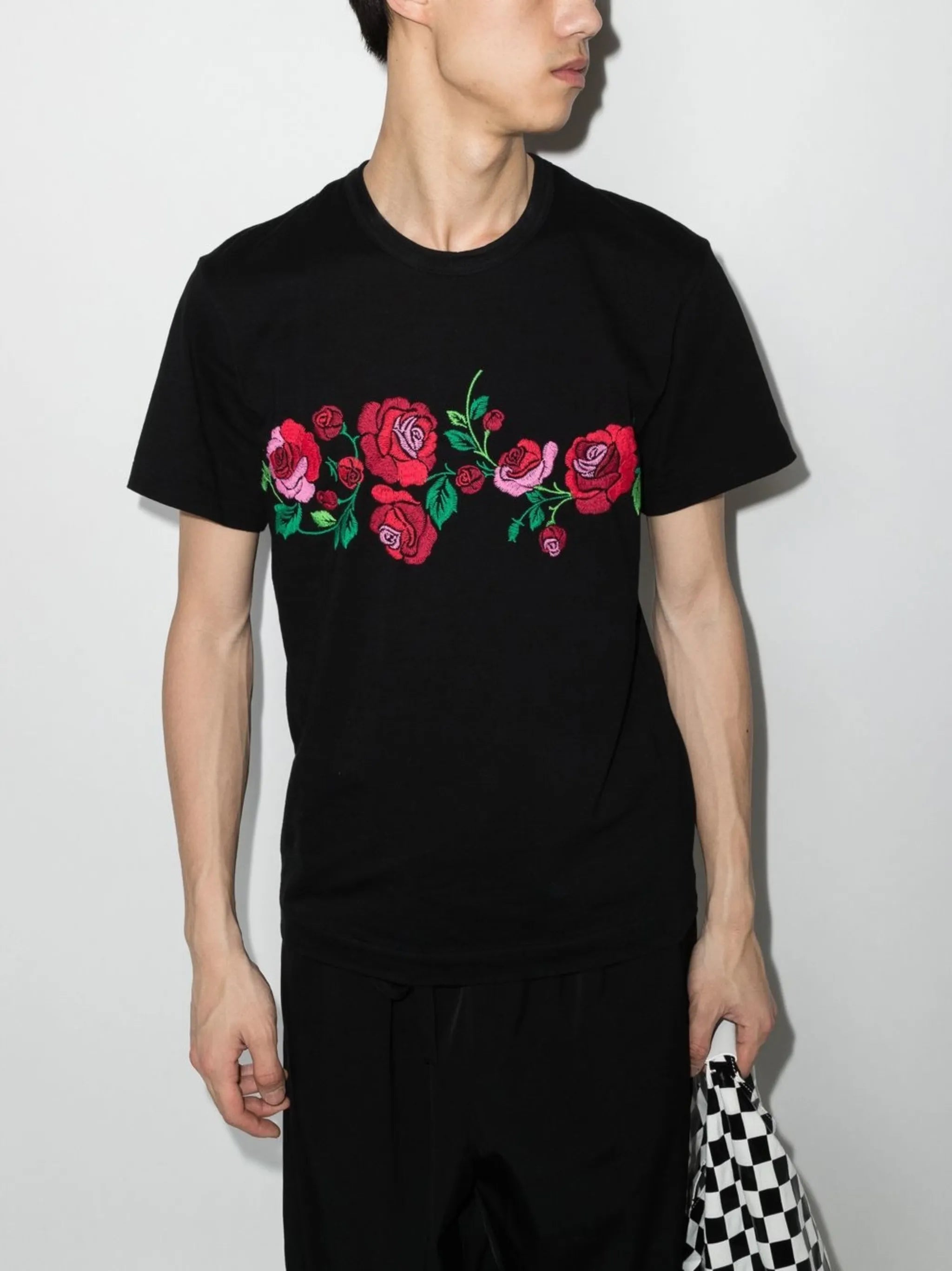 floral-embroidered cotton T-shirt