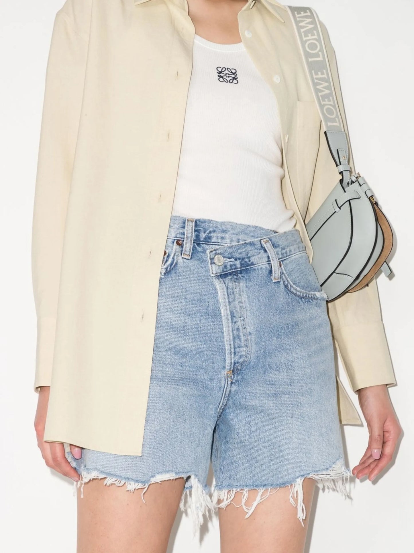 Criss Cross asymmetric denim shorts