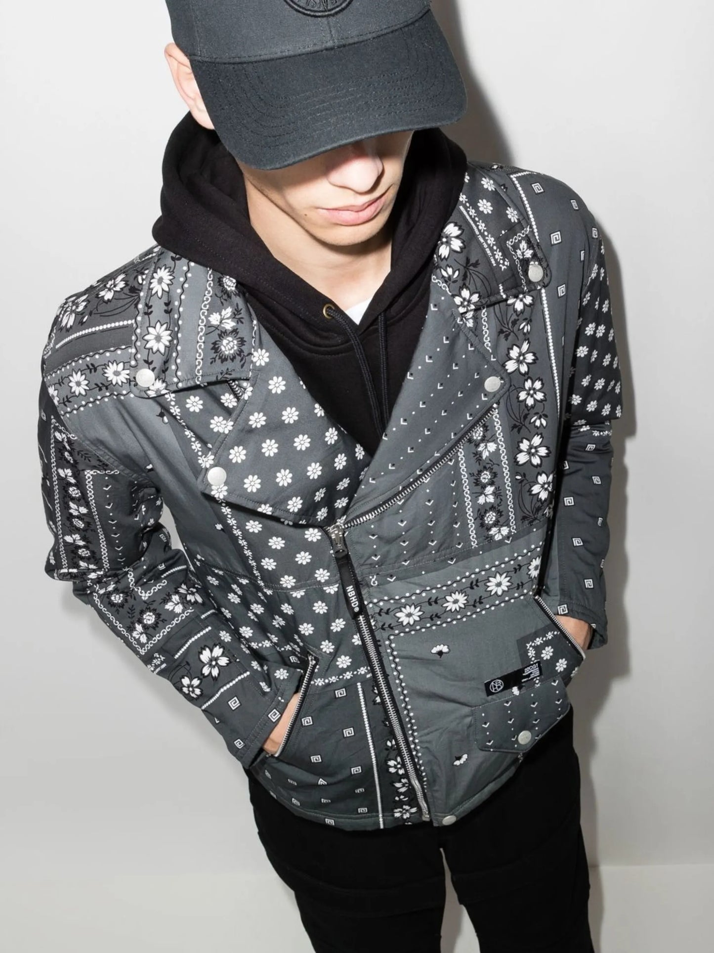 bandana-print biker jacket
