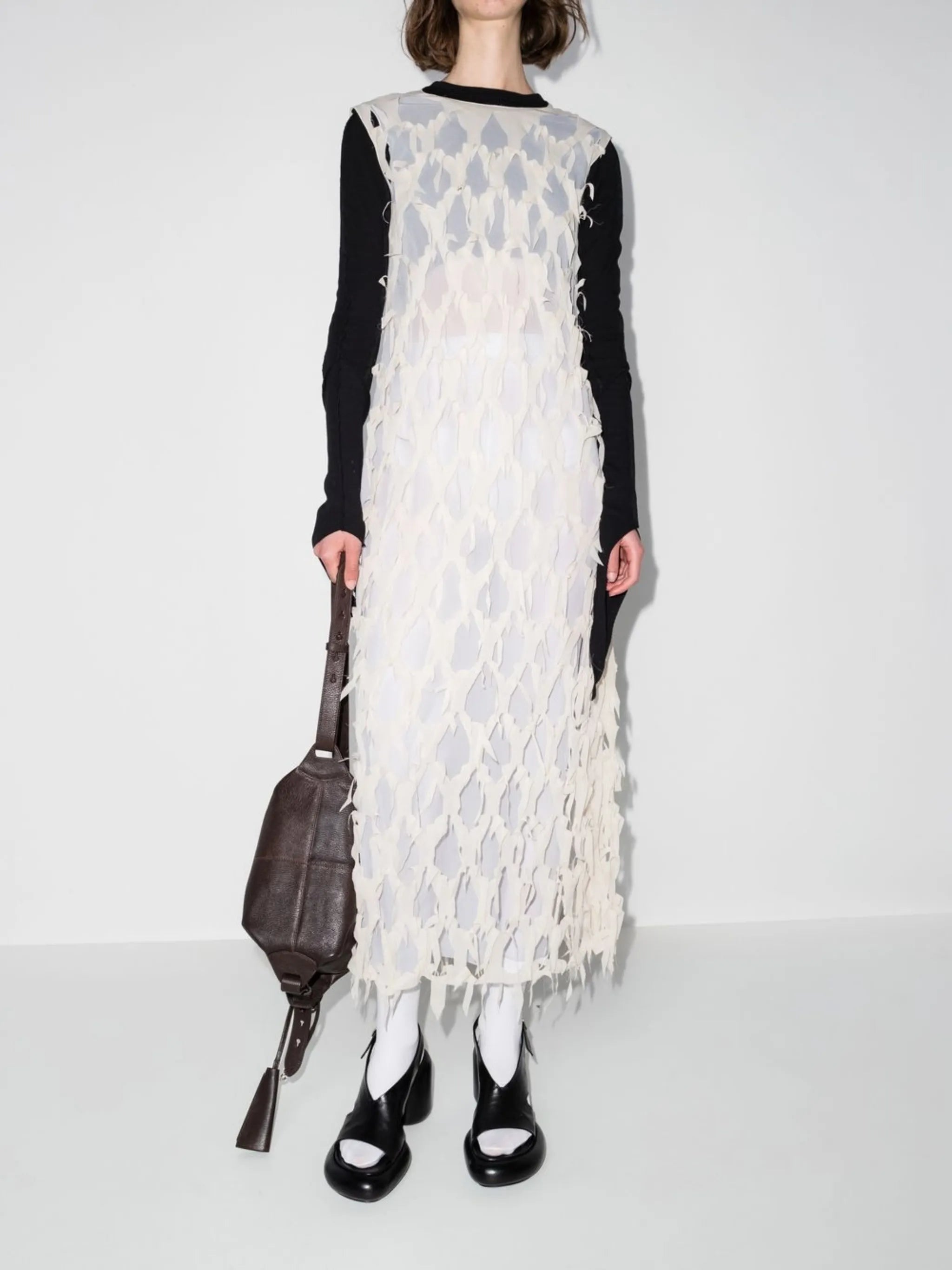 distressed-overlay silk dress