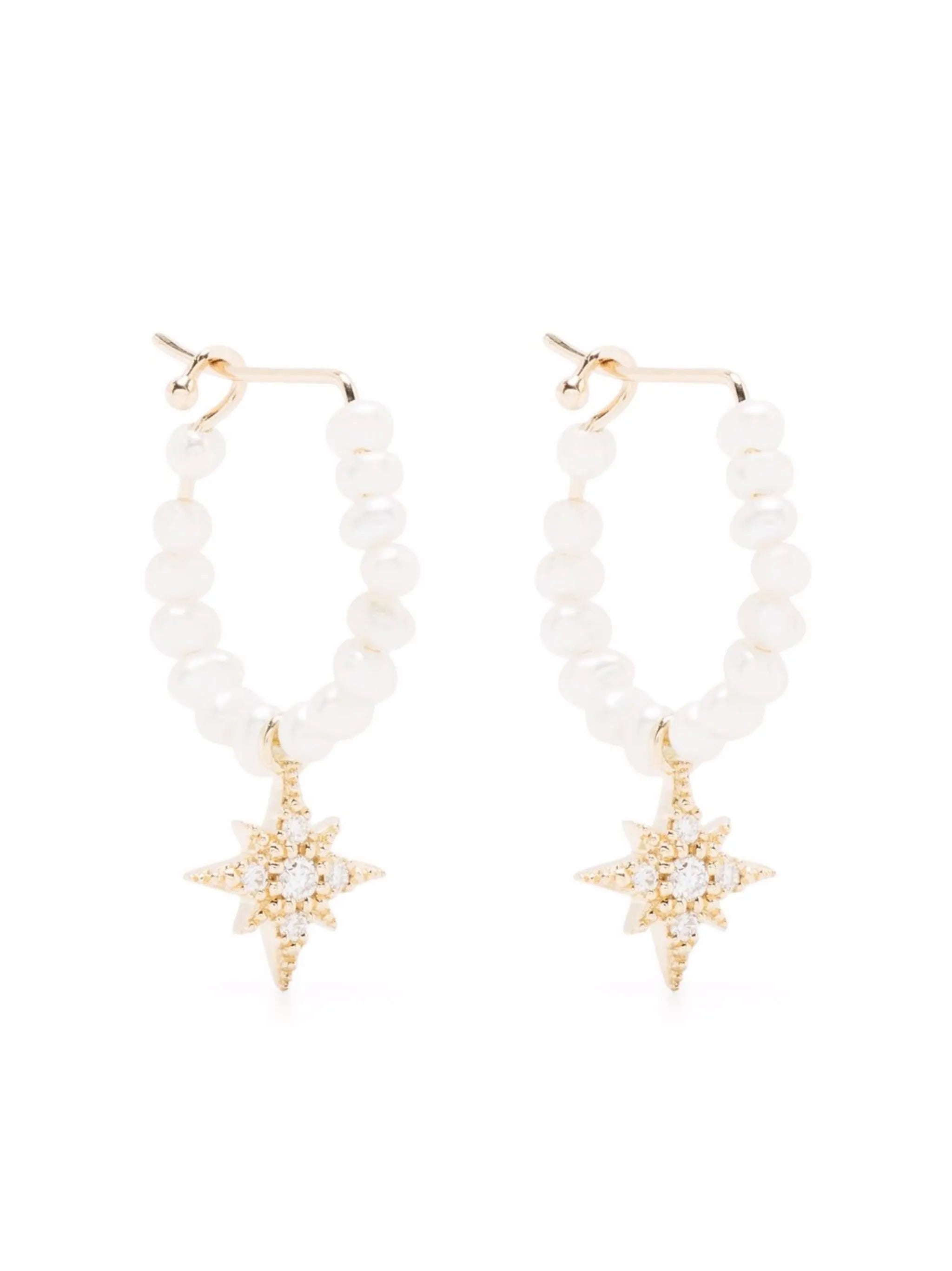 14kt yellow gold diamond star pearl hoop earrings