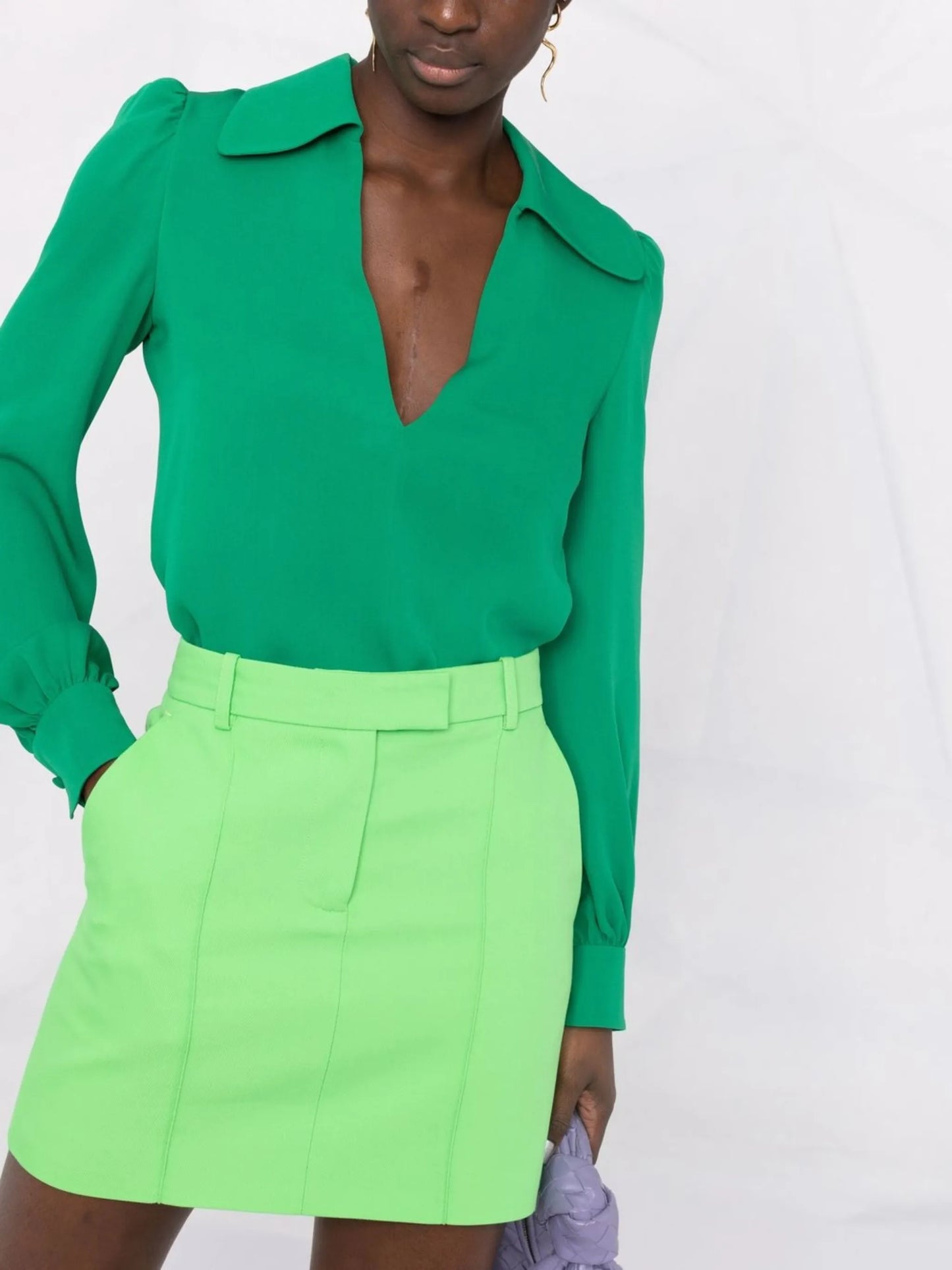 spread-collar silk top
