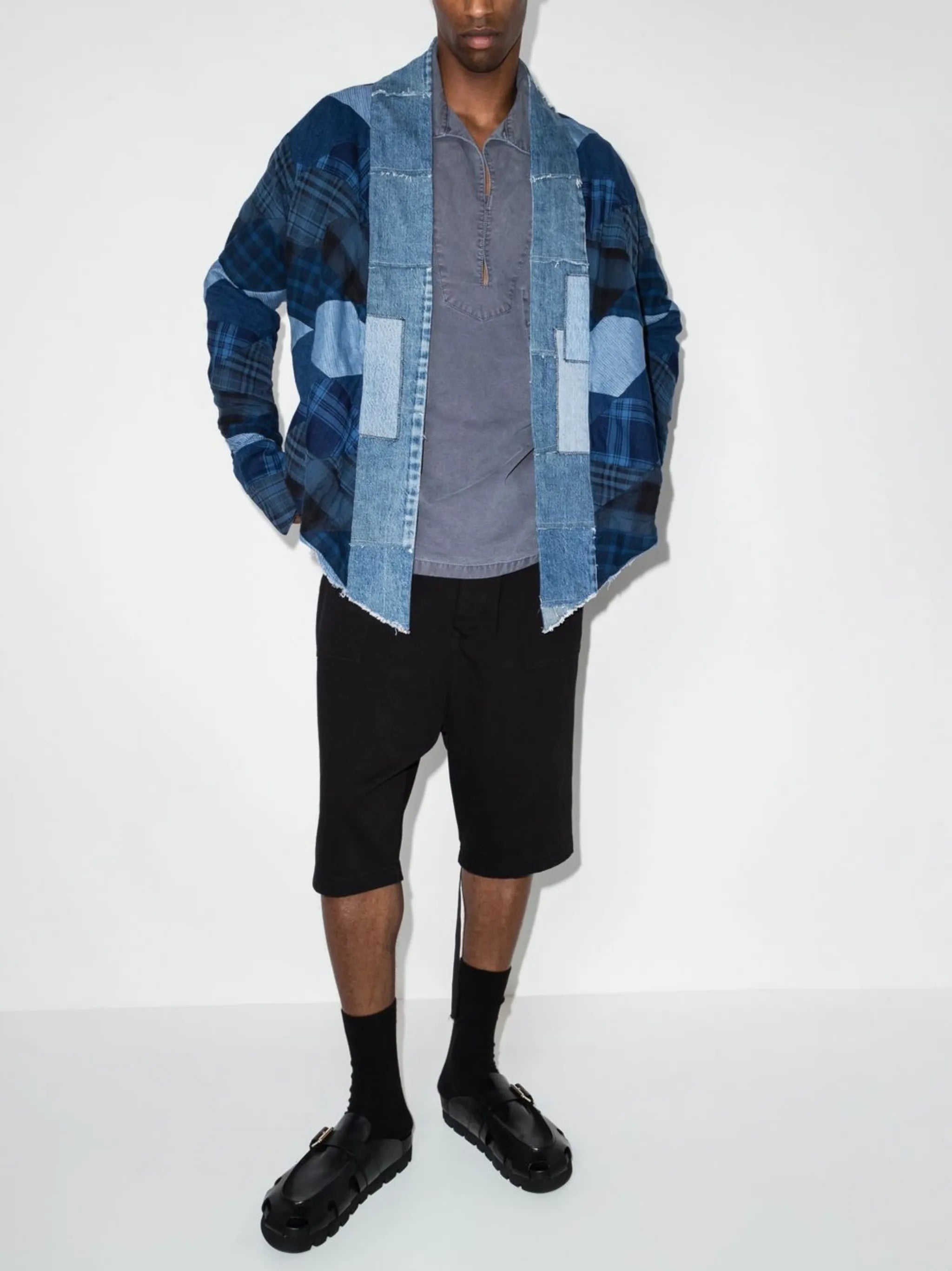 Diamond patchwork denim shirt jacket