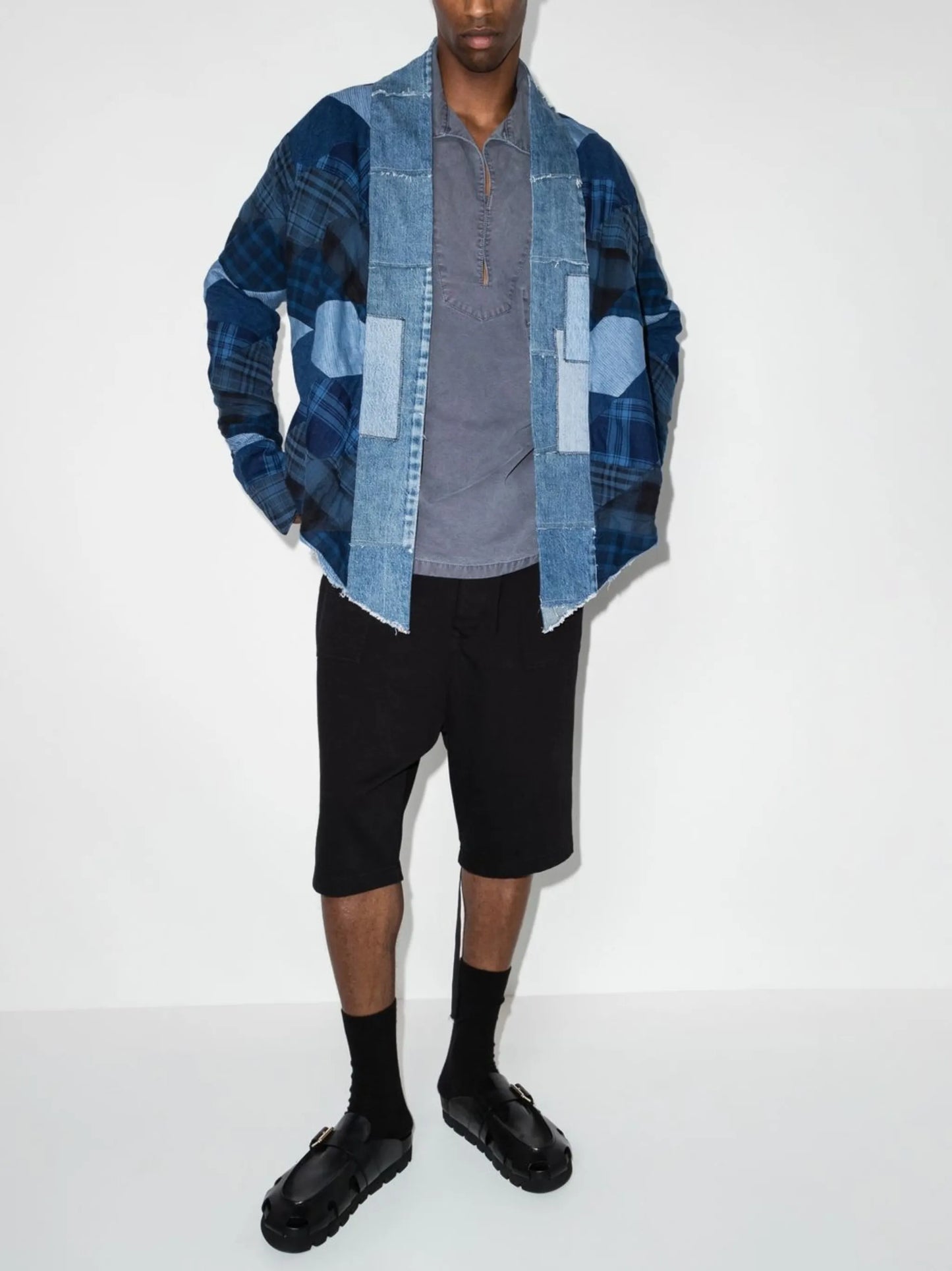 Diamond patchwork denim shirt jacket