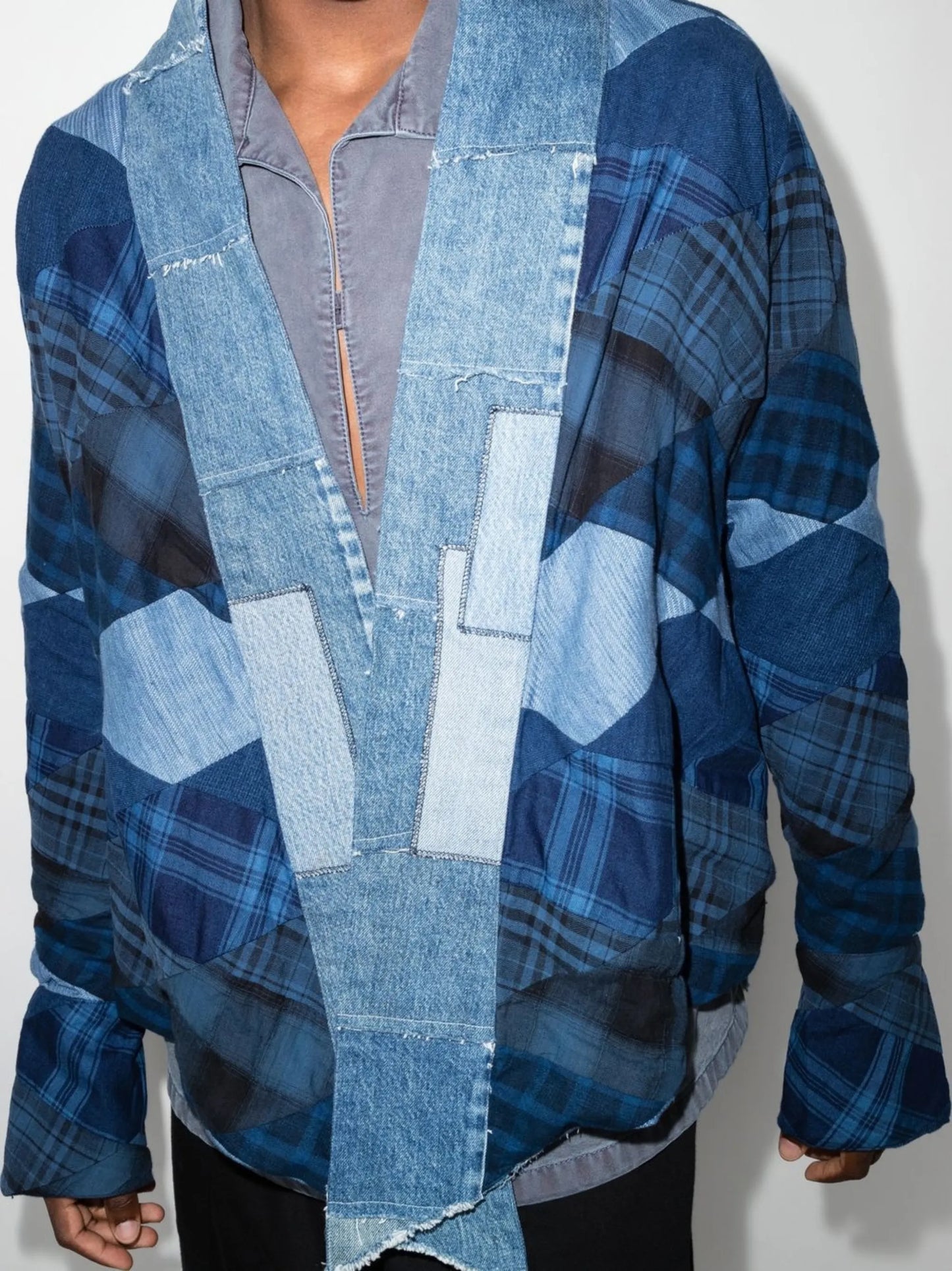 Diamond patchwork denim shirt jacket