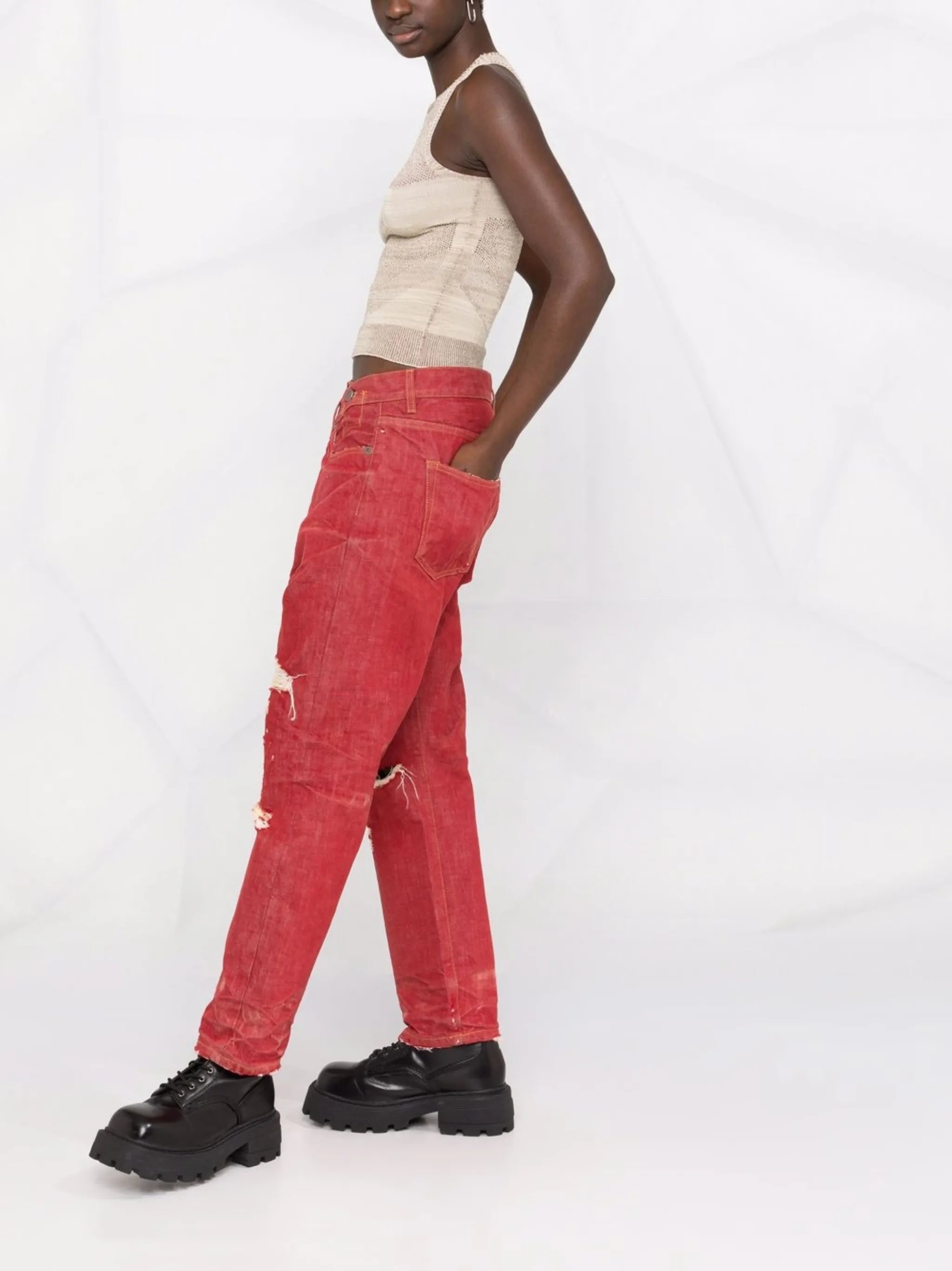 crossover asymmetric distressed jeans