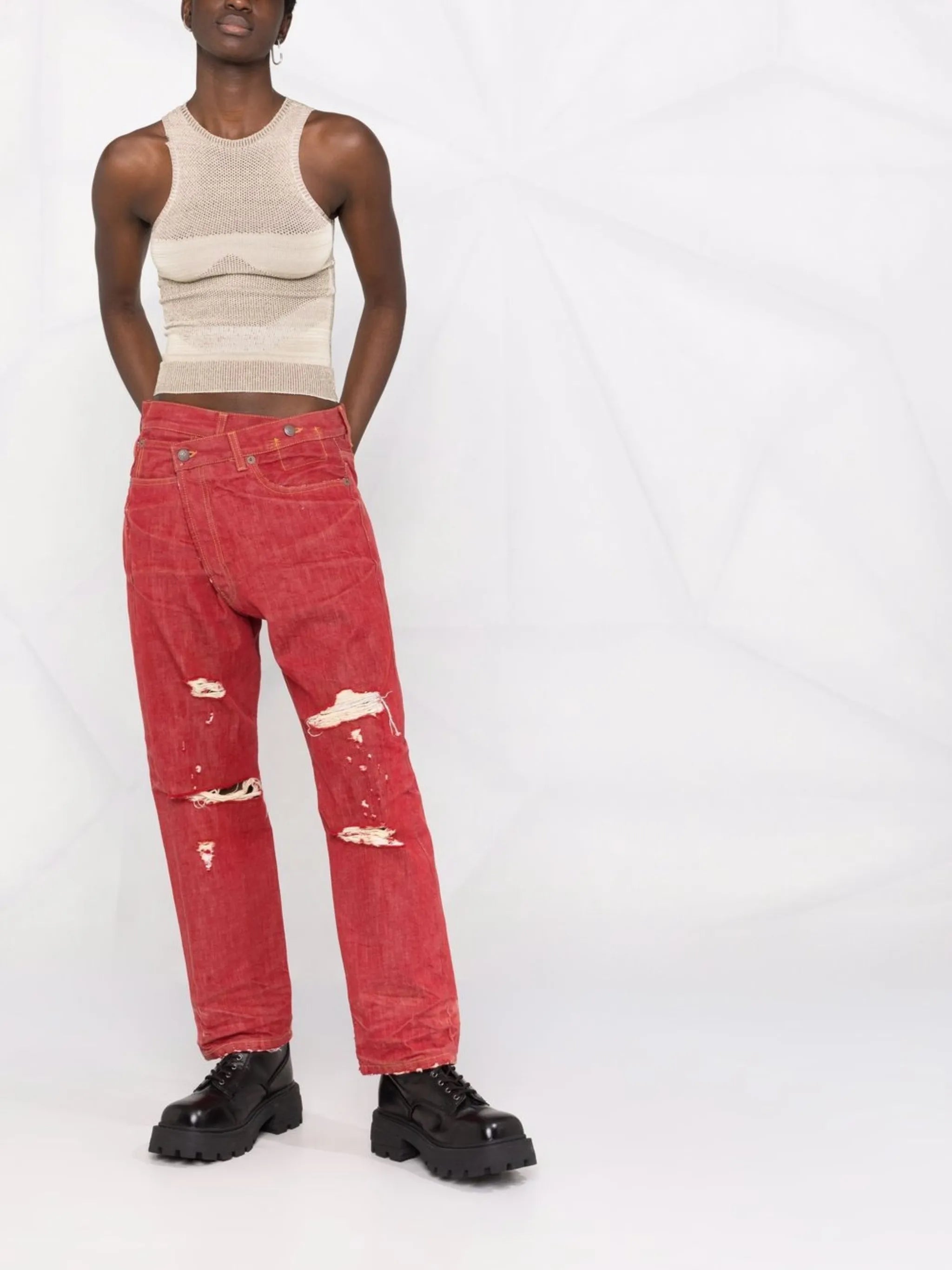 crossover asymmetric distressed jeans