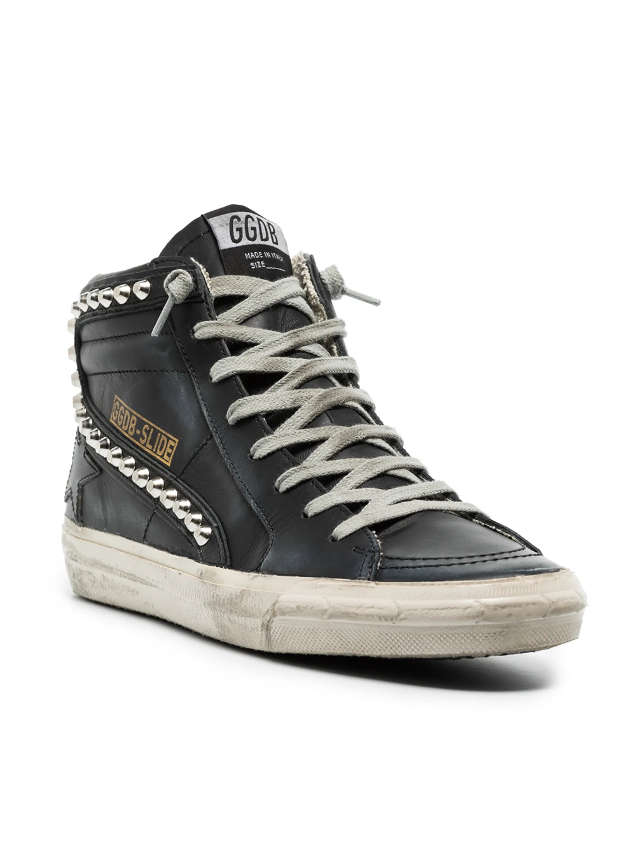 Slide distressed studded sneakers