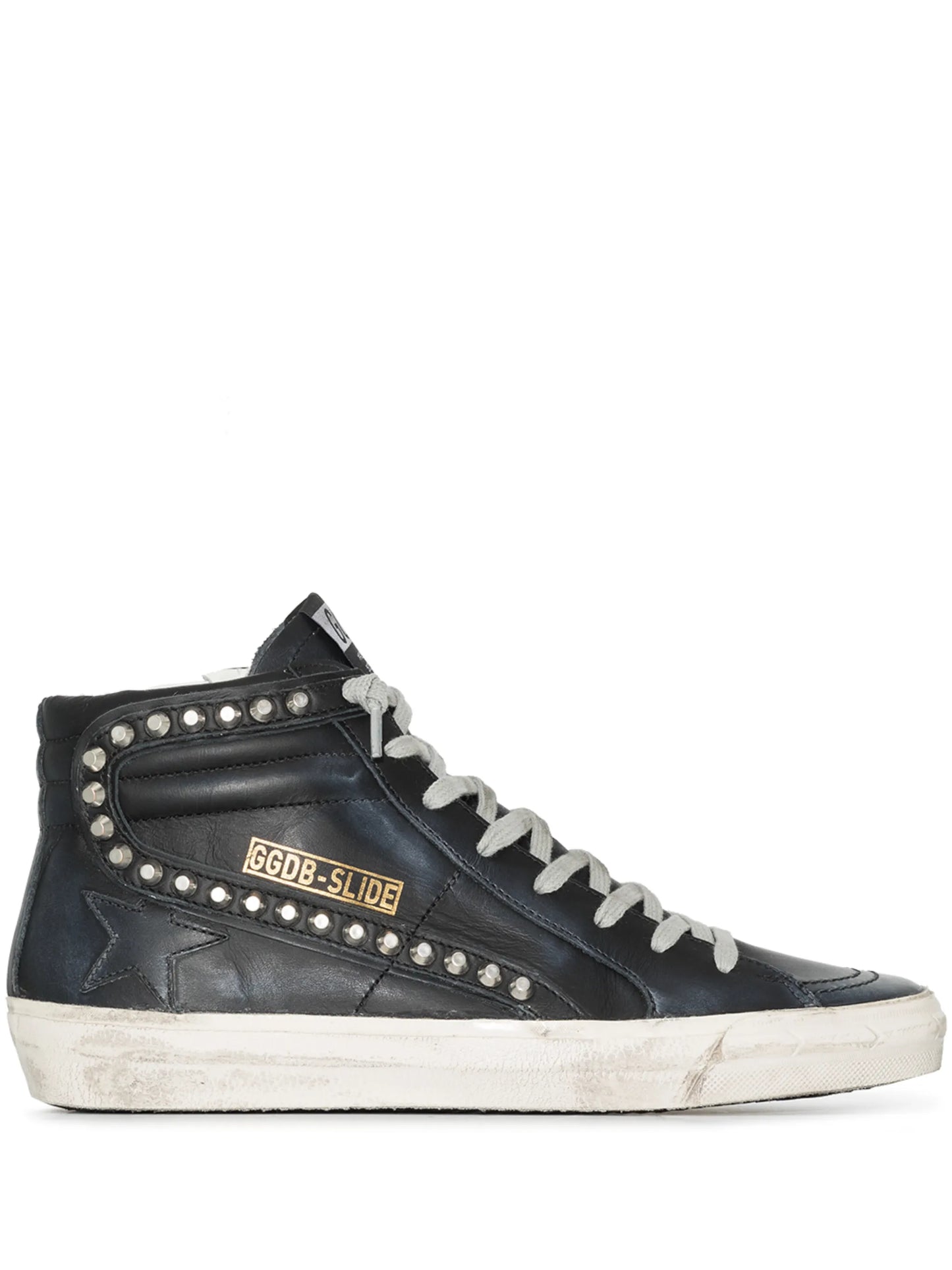 Slide distressed studded sneakers