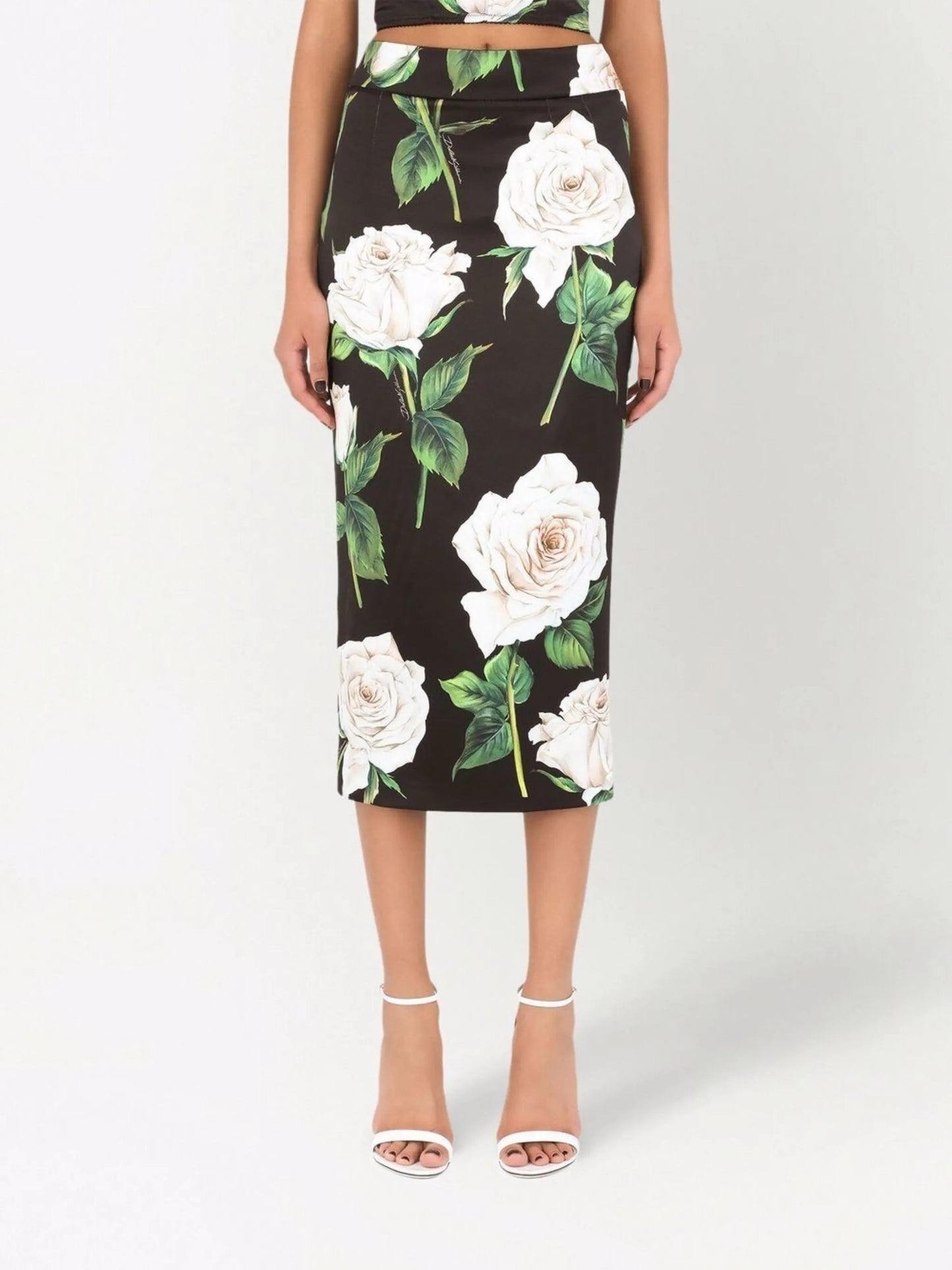 rose-print high-waisted pencil skirt