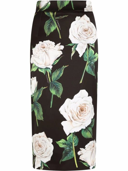 rose-print high-waisted pencil skirt