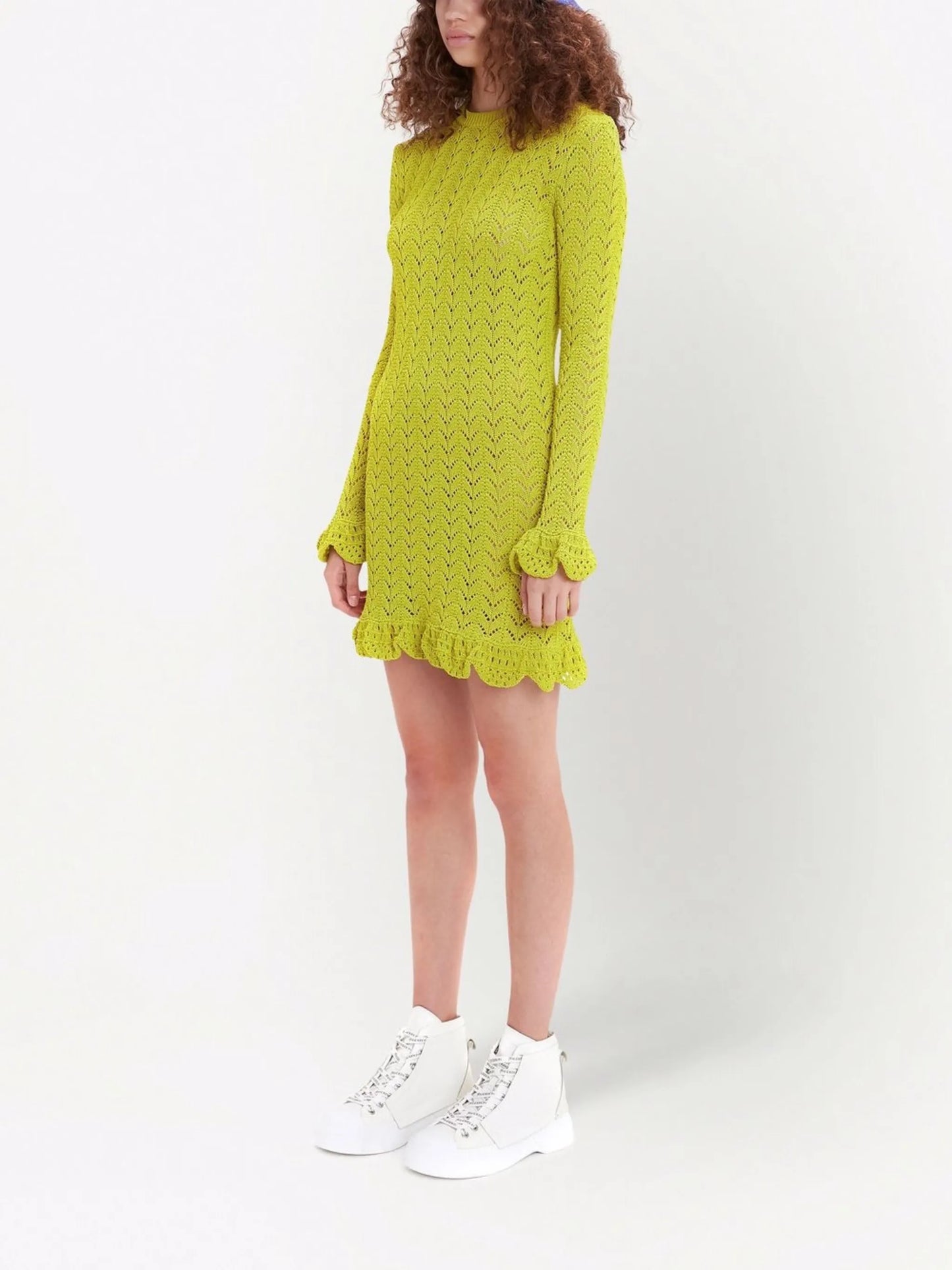 frill-detail crochet-effect dress