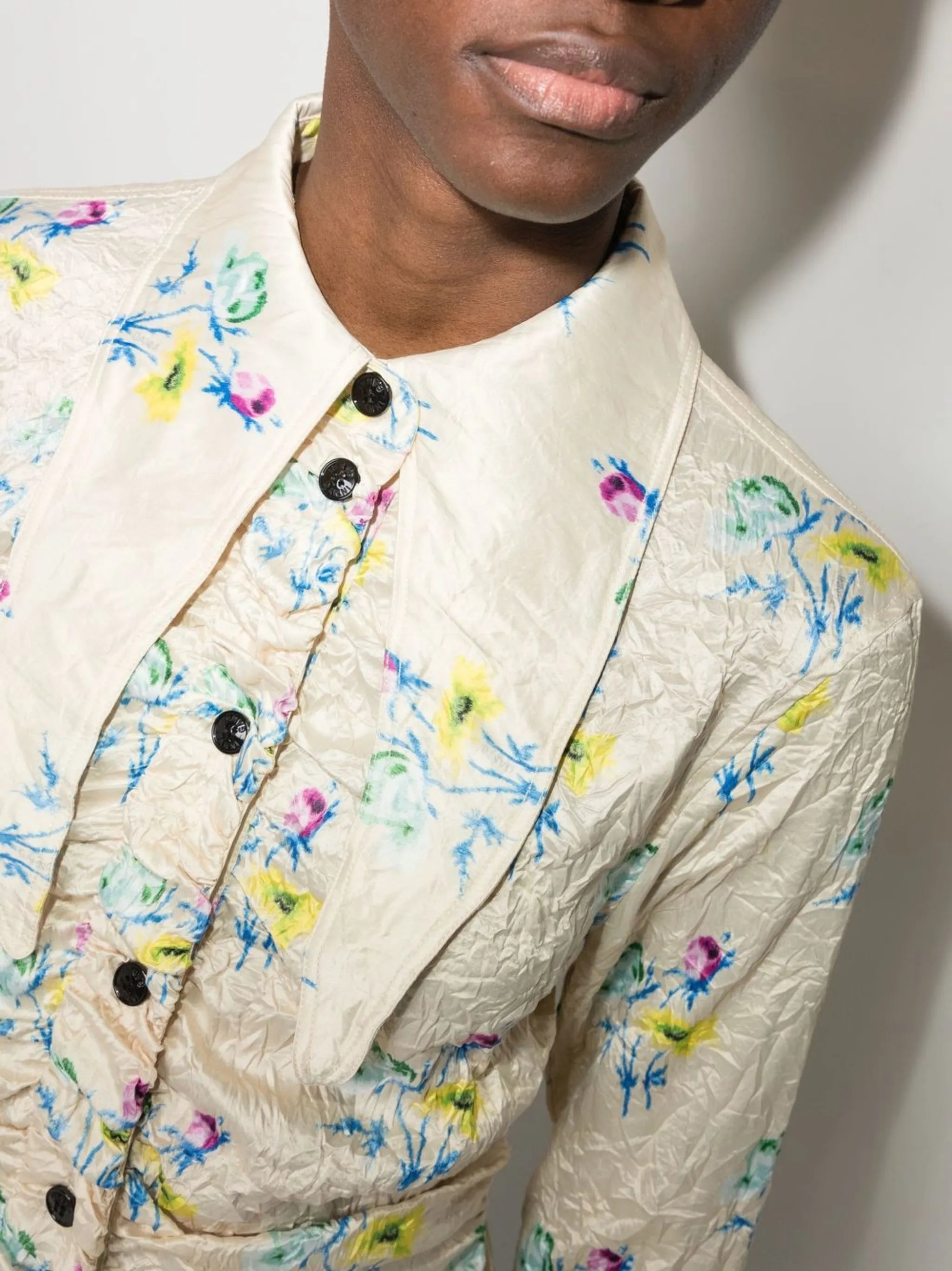floral-print crinkle-effect long-sleeve shirt