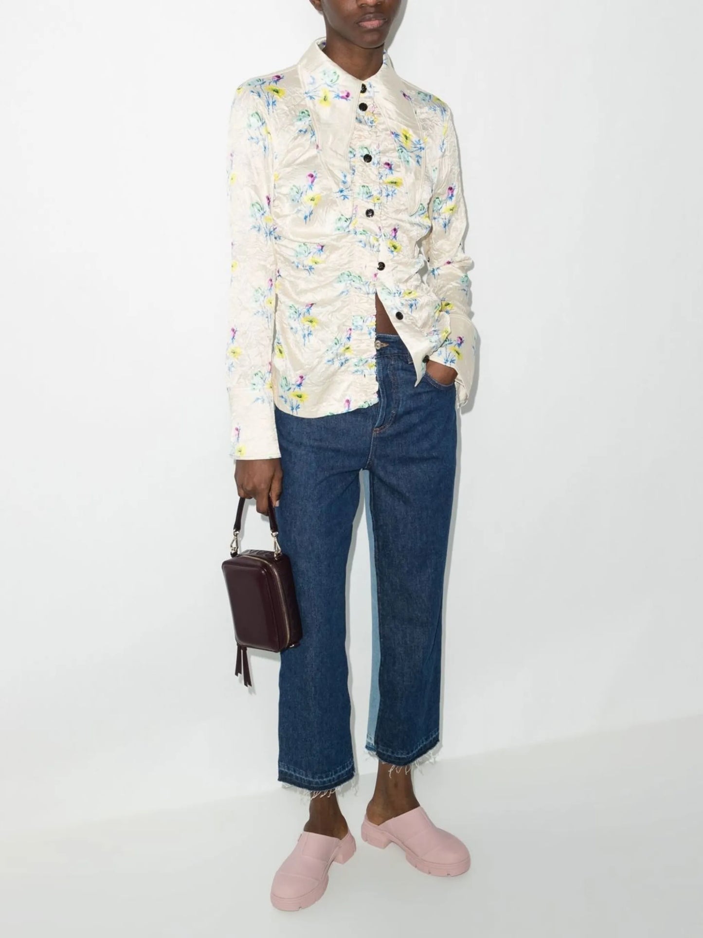 floral-print crinkle-effect long-sleeve shirt